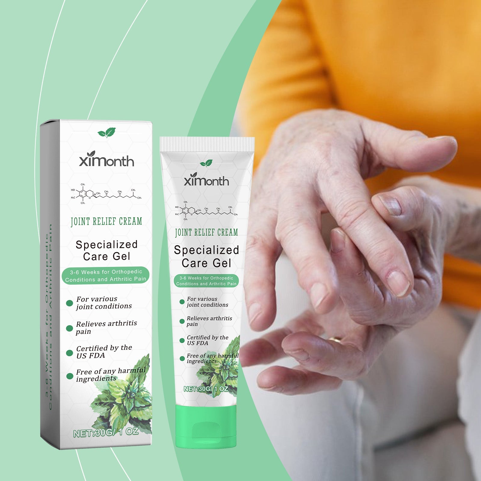 Person in orange shirt applying cream to wrist/hand area against mint-green diagonal background with product packaging visible