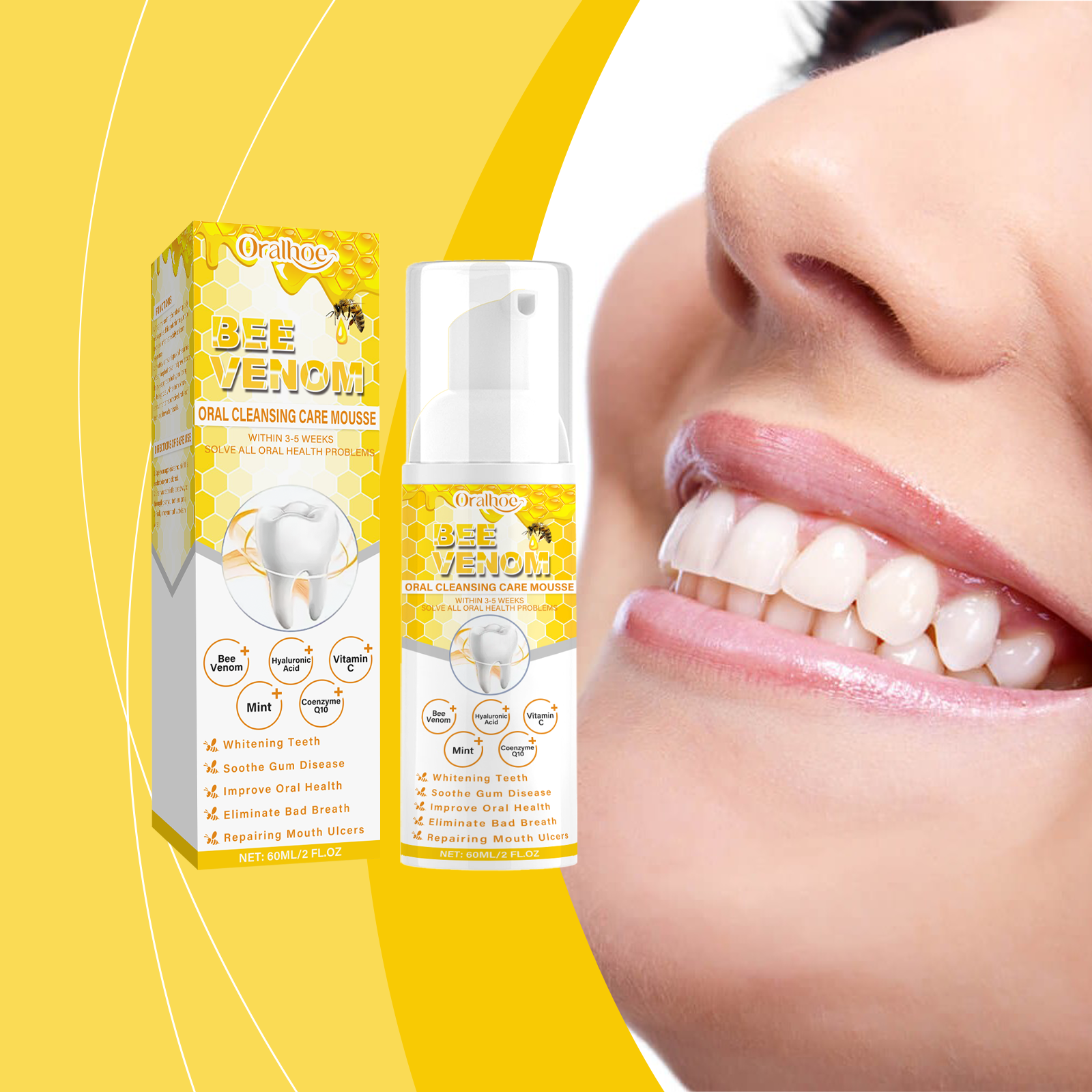 Product box and bottle display showing Bee Venom Oral Cleansing Care Mousse packaging with honeycomb pattern and ingredient icons