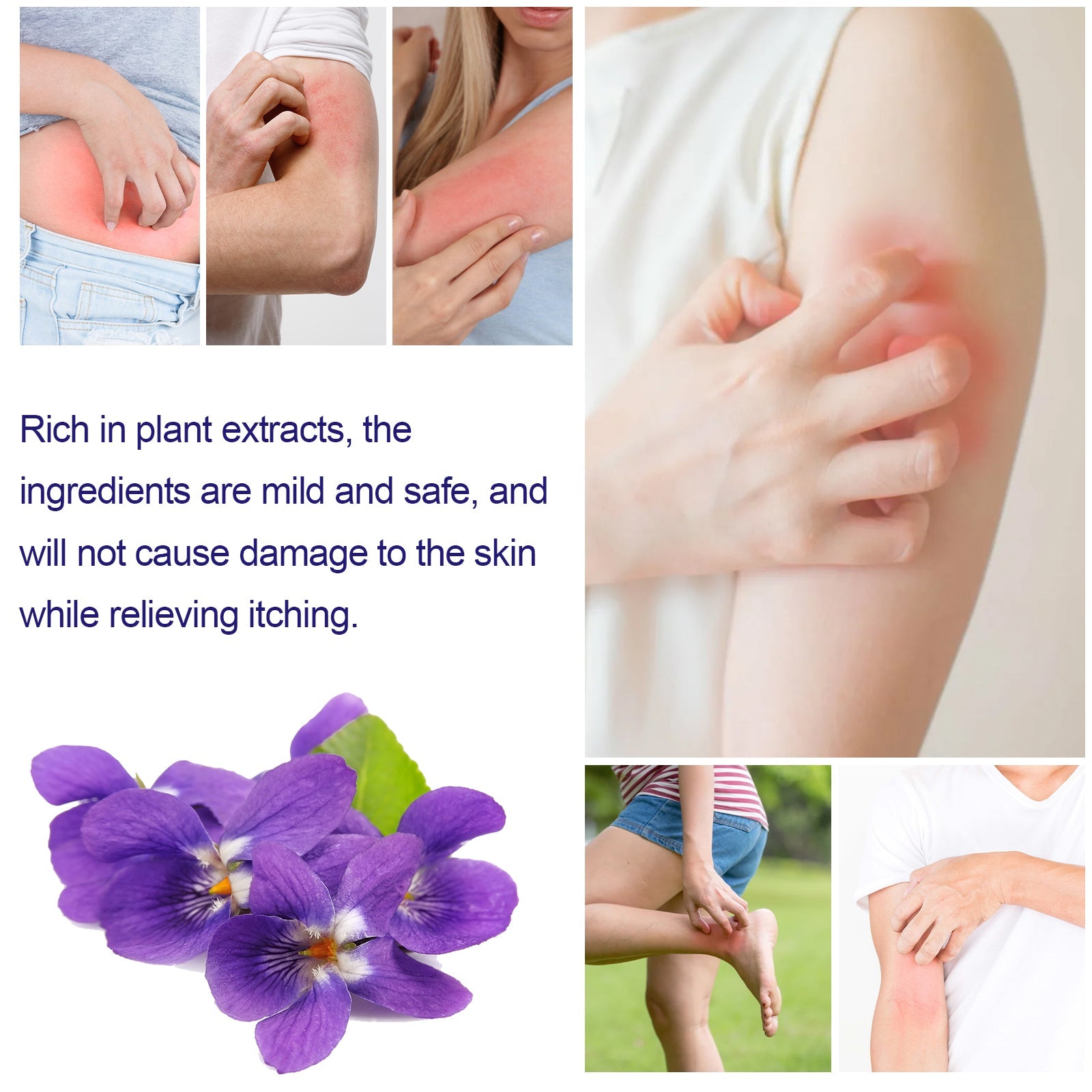 Problem/solution grid displaying six specific skin conditions: hands and feet itch, allergic wet itch, wet skin itch, anus wet itch, eczema, and itching in private parts