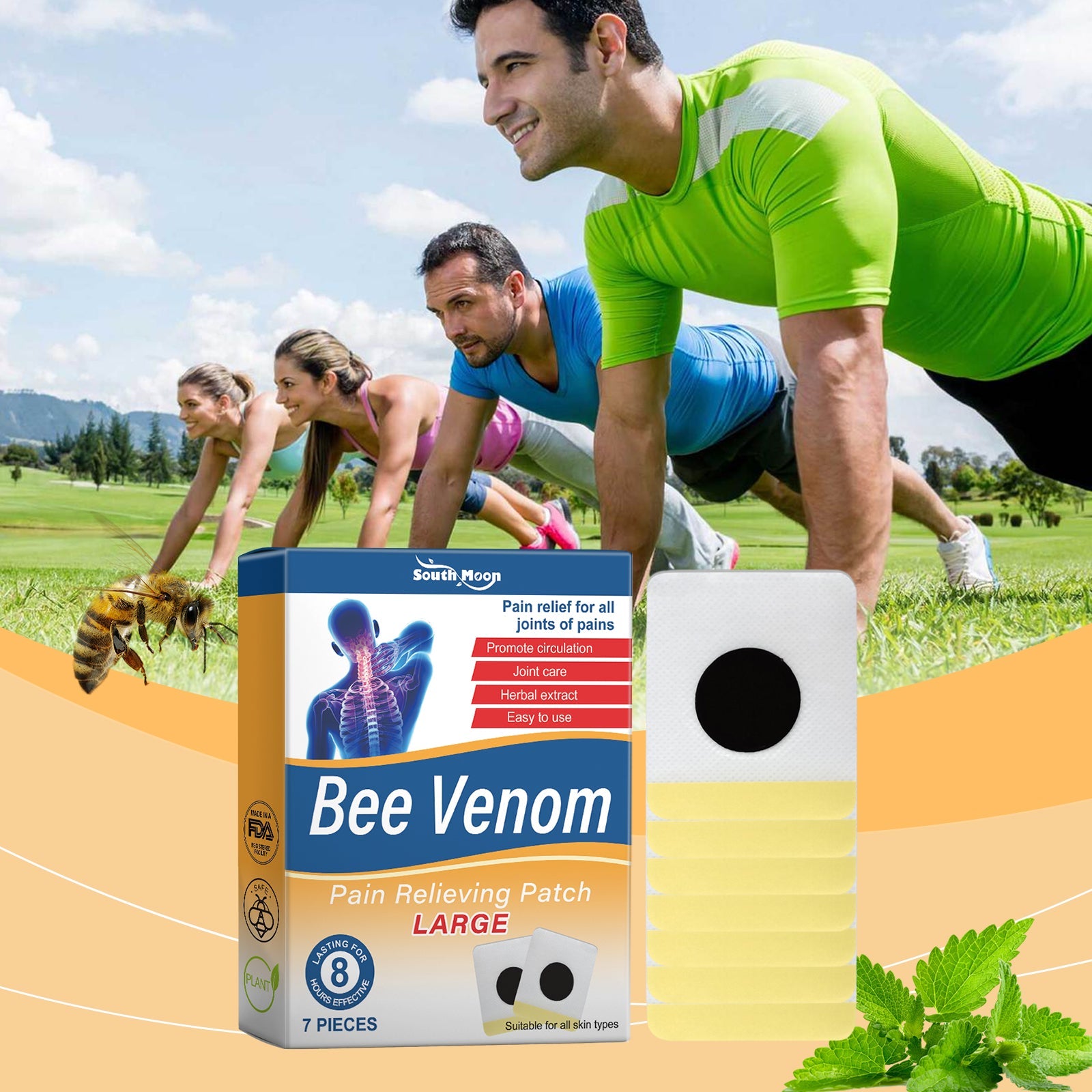 Front and back of Bee Venom Pain Relieving Patch box showing blue and gold design with skeletal anatomy illustration, product claims in red banners, 7-piece count, and yellow gel patches displayed