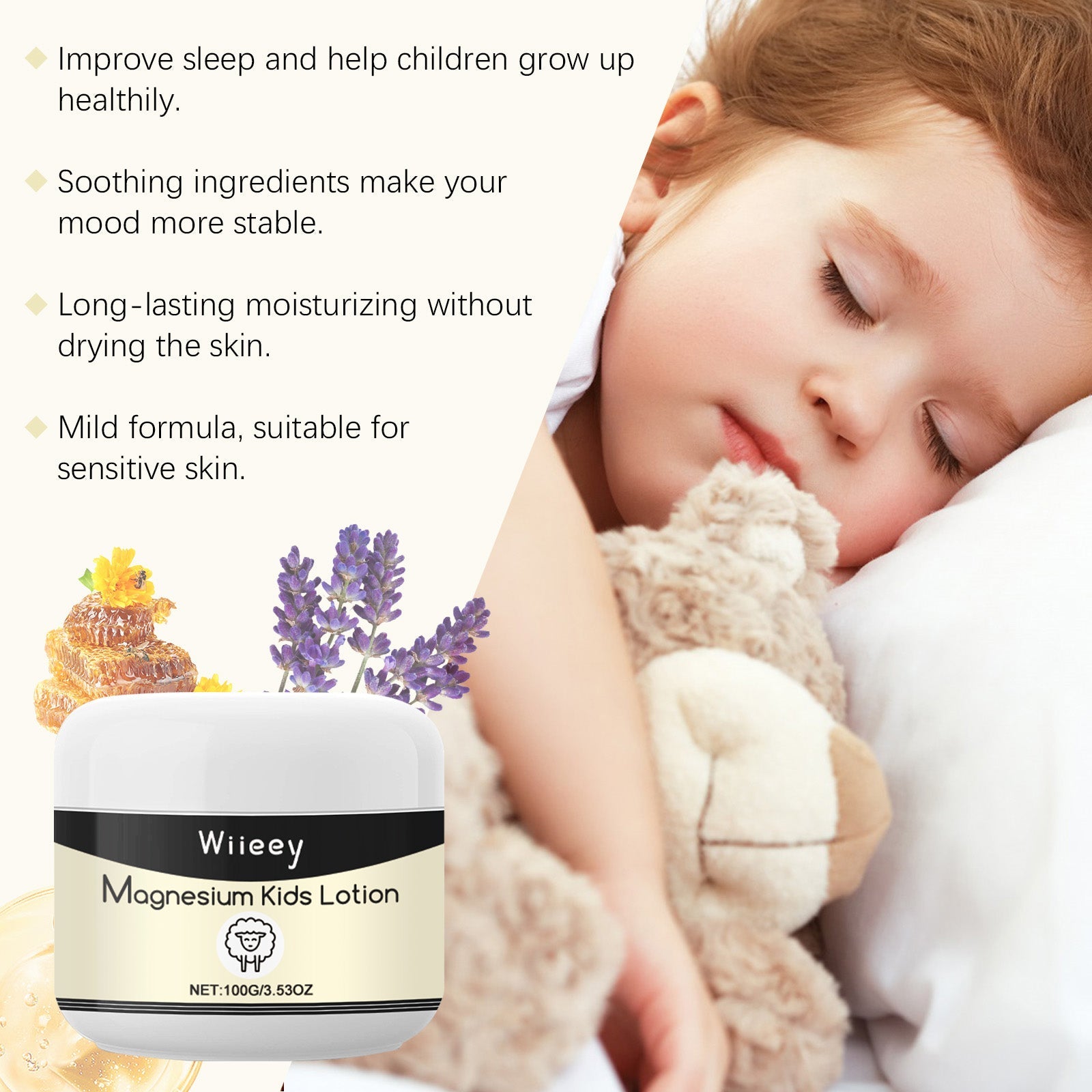 Sleeping child peacefully hugging stuffed toy with key benefit claims listed: sleep improvement, soothing ingredients, moisturizing without drying, mild formula for sensitive skin