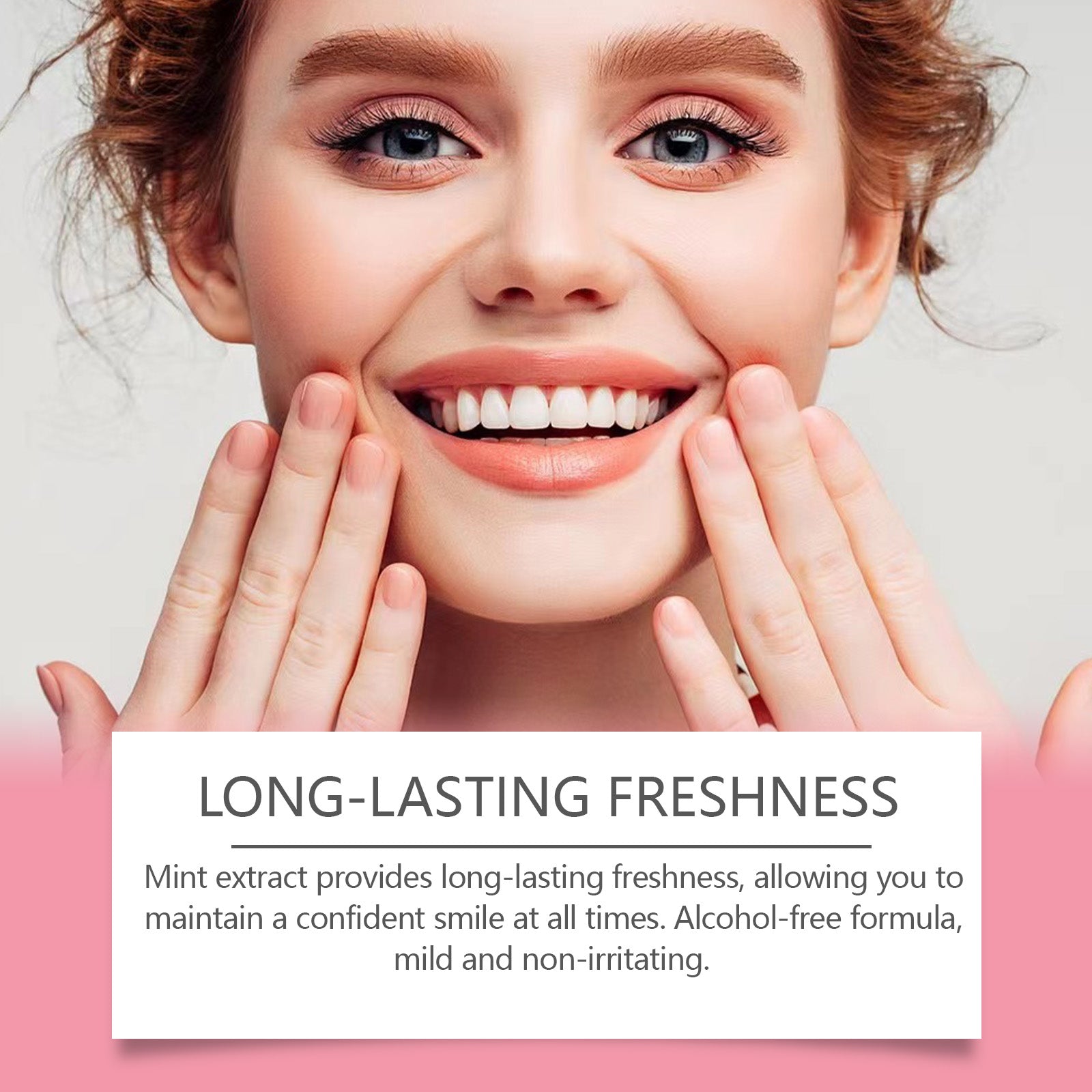 Woman smiling with pink background featuring two benefit cards: 'Remove Surface Stains' and 'Reduce Tooth Decay' with lemon and mint ingredient imagery