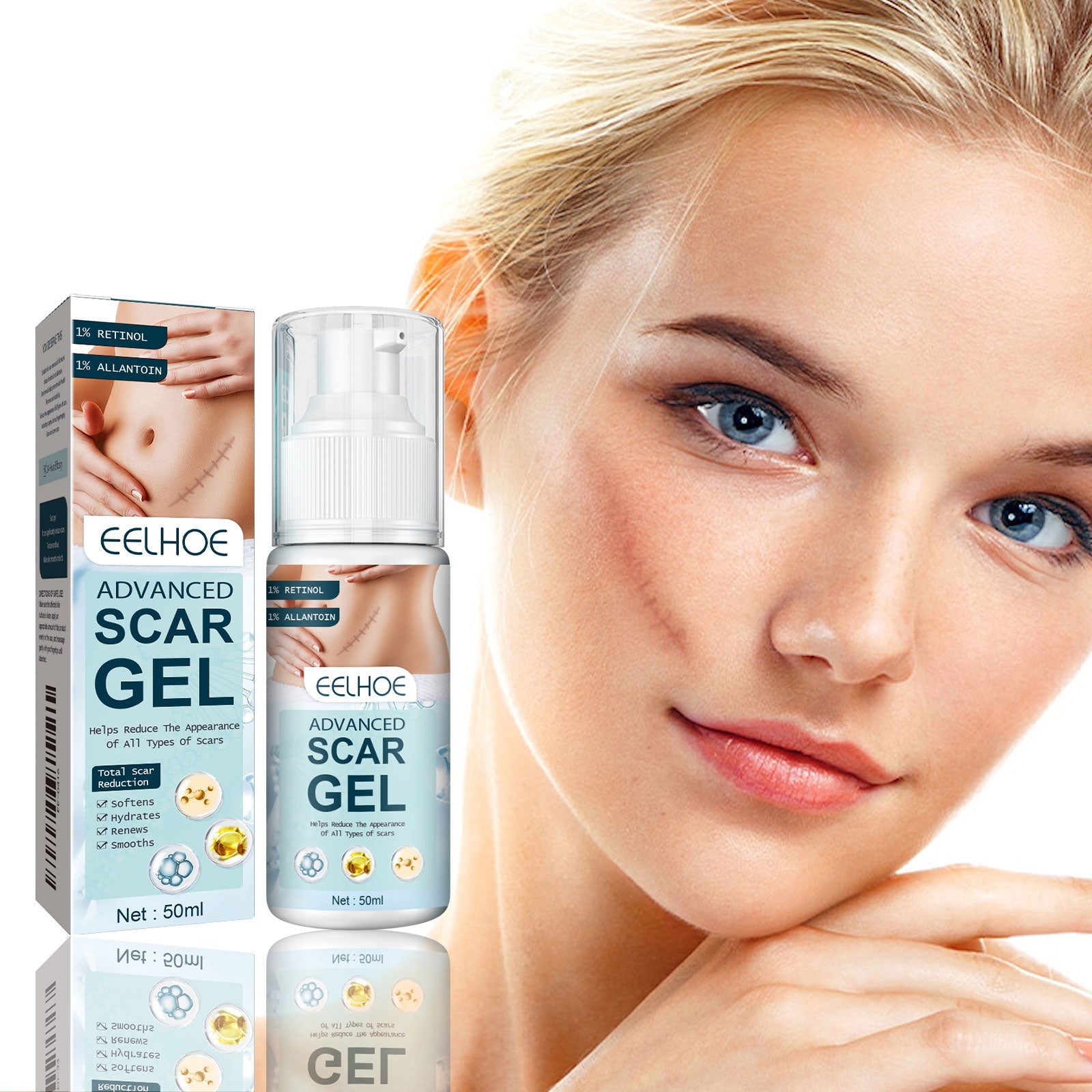Duplicate hero shot of EELHOE Advanced Scar Gel box and frosted pump bottle
