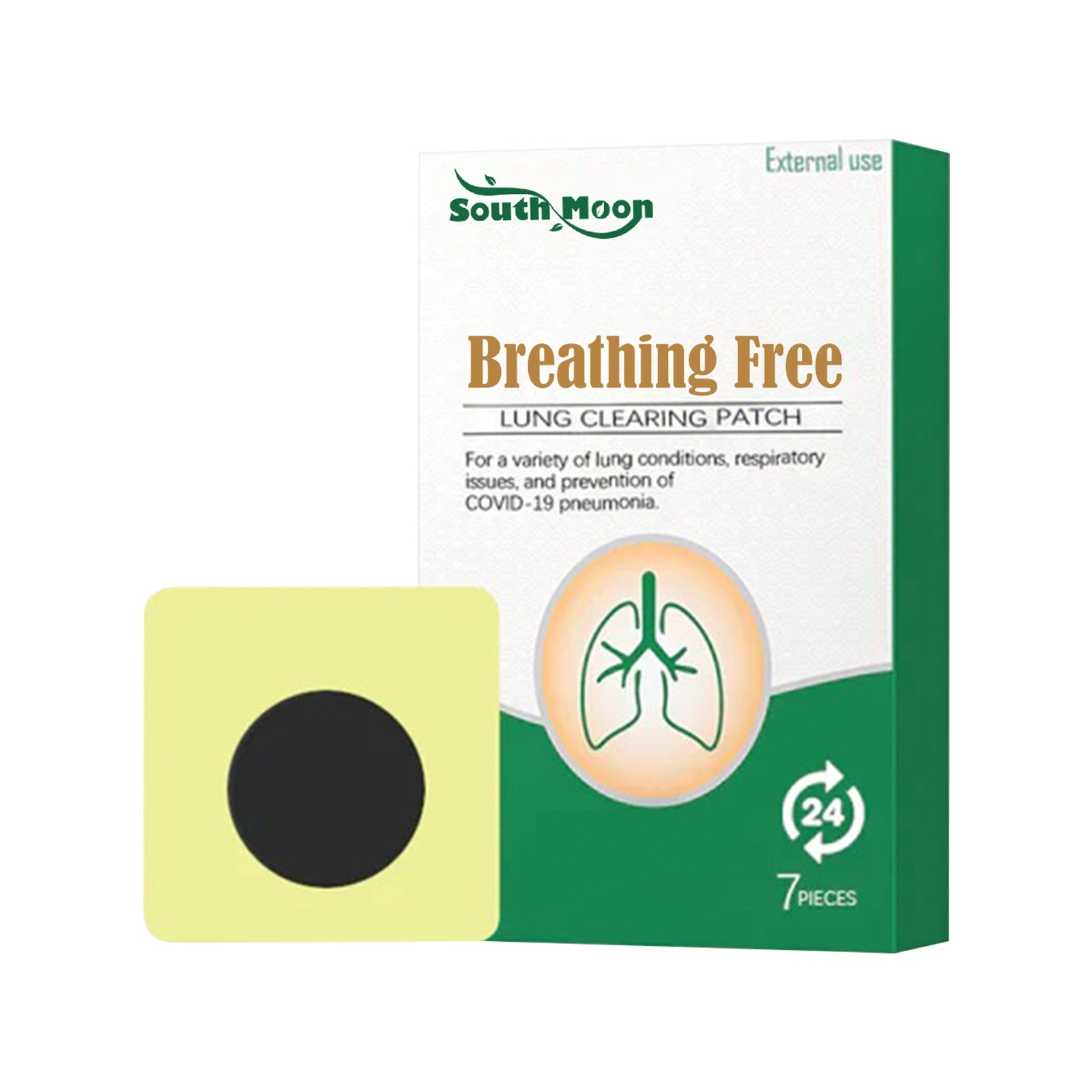 Product box detail with 7-piece count, lung graphic, and green/gold branding