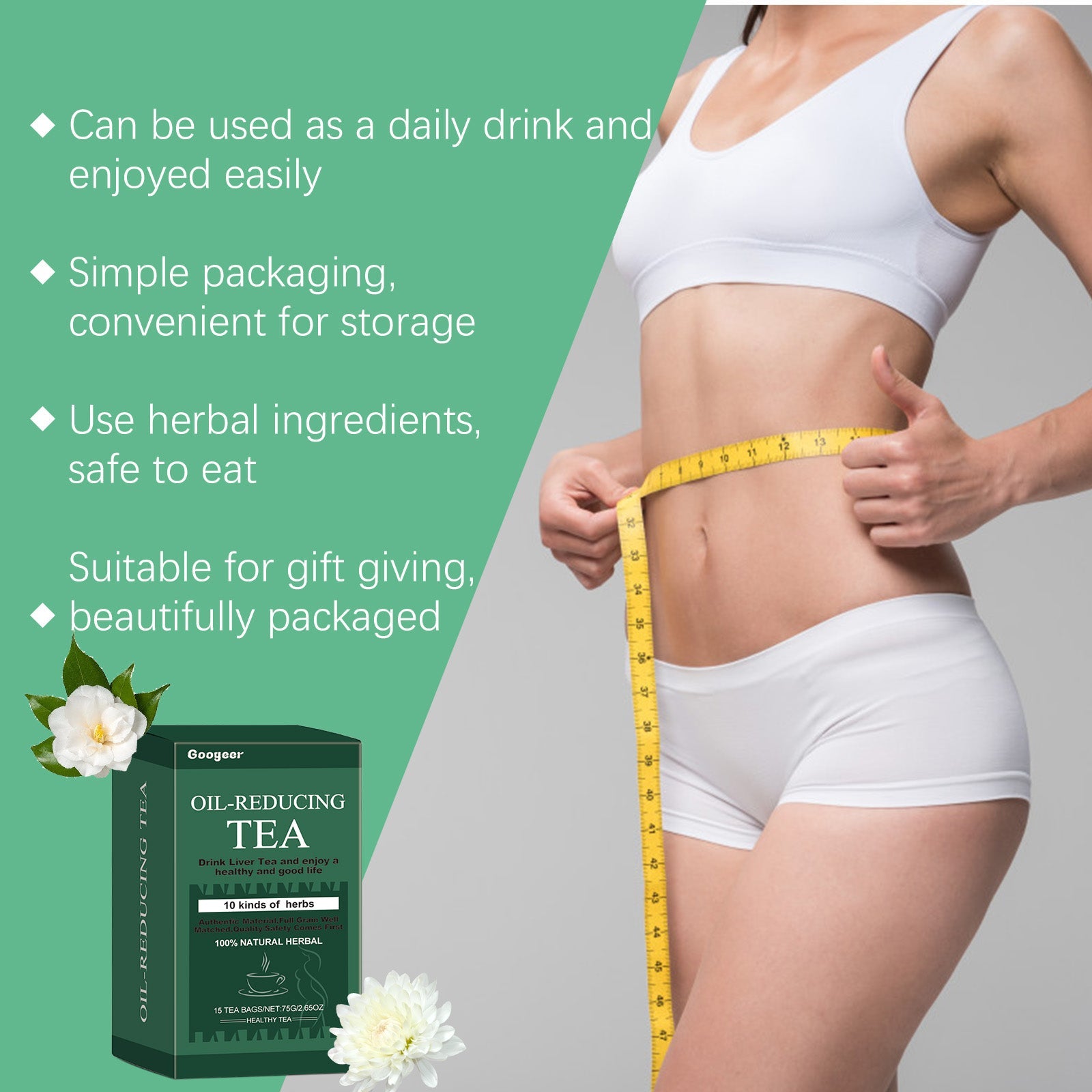 Fit woman in white crop top displaying toned midsection with hands on waist; white flowers and teal background; text boxes stating 'Healthy Choice' and 'Comfortable Experience'
