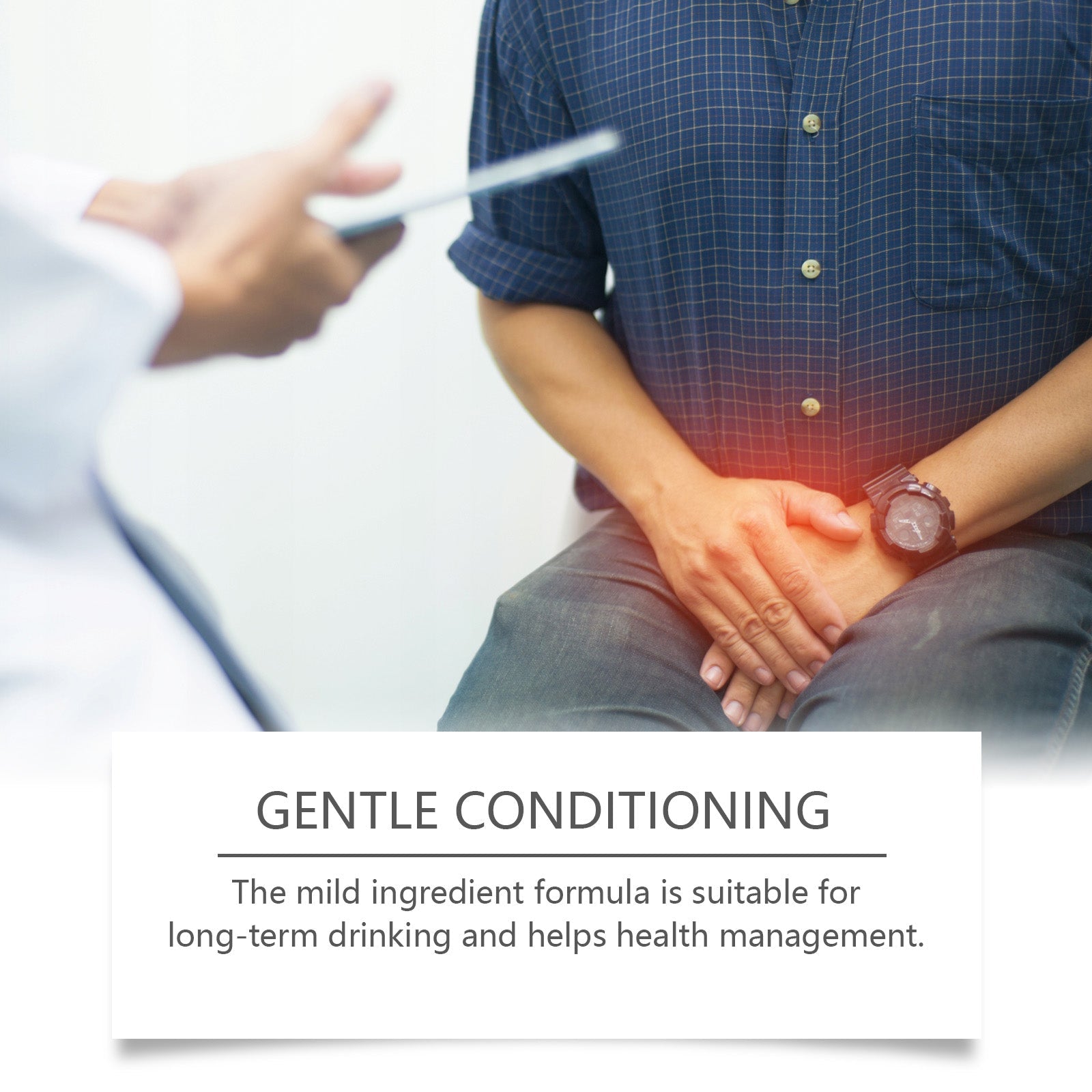 Doctor consultation scene with male patient holding abdominal area