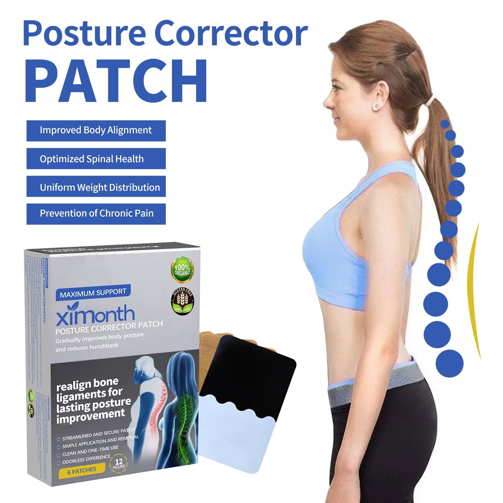 Identical packaging shot of Ximonth posture patches from alternate angle