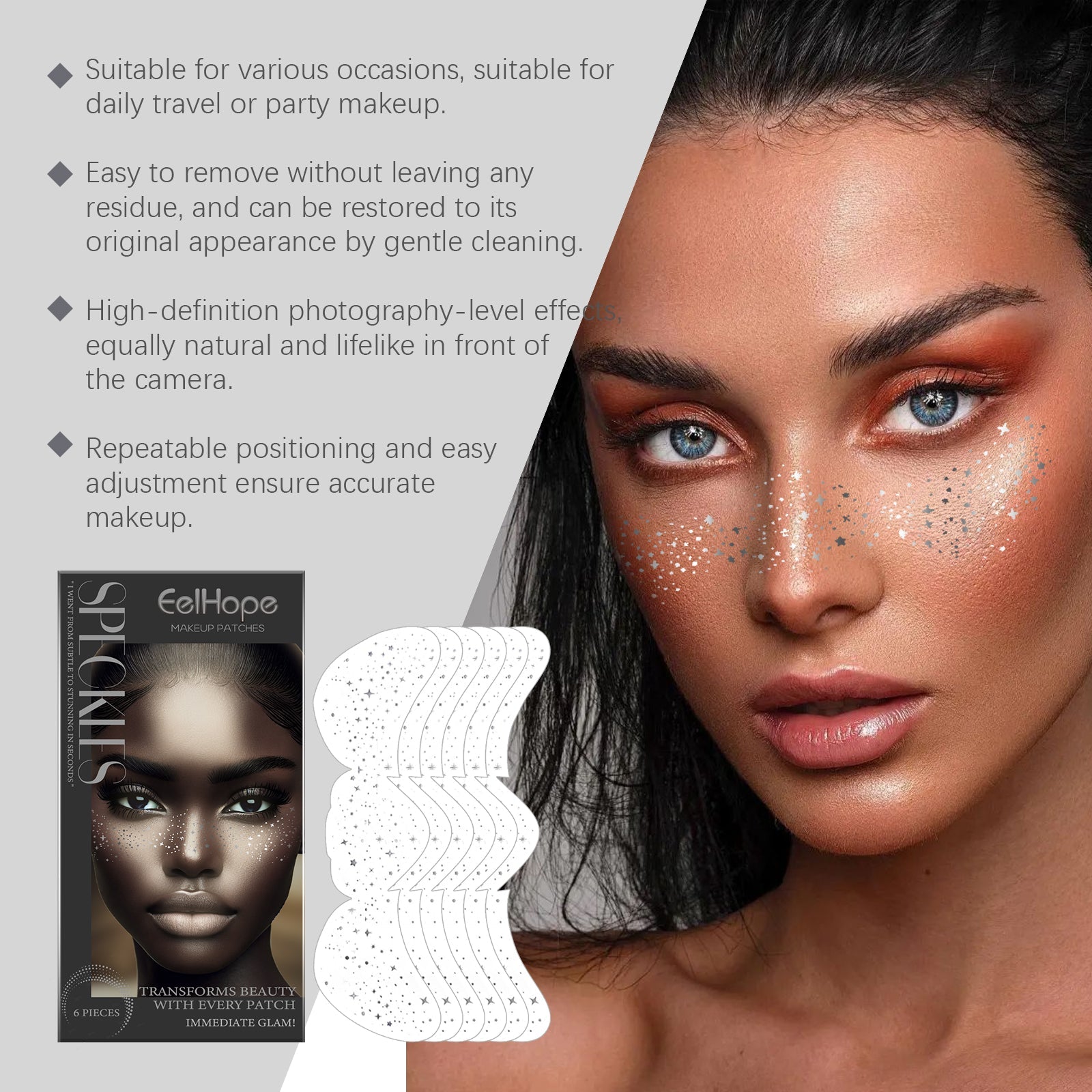 Close-up detail of model's cheek showing applied glitter freckle patch with text overlay describing ease of removal, photography-level effect, and repositionable accuracy