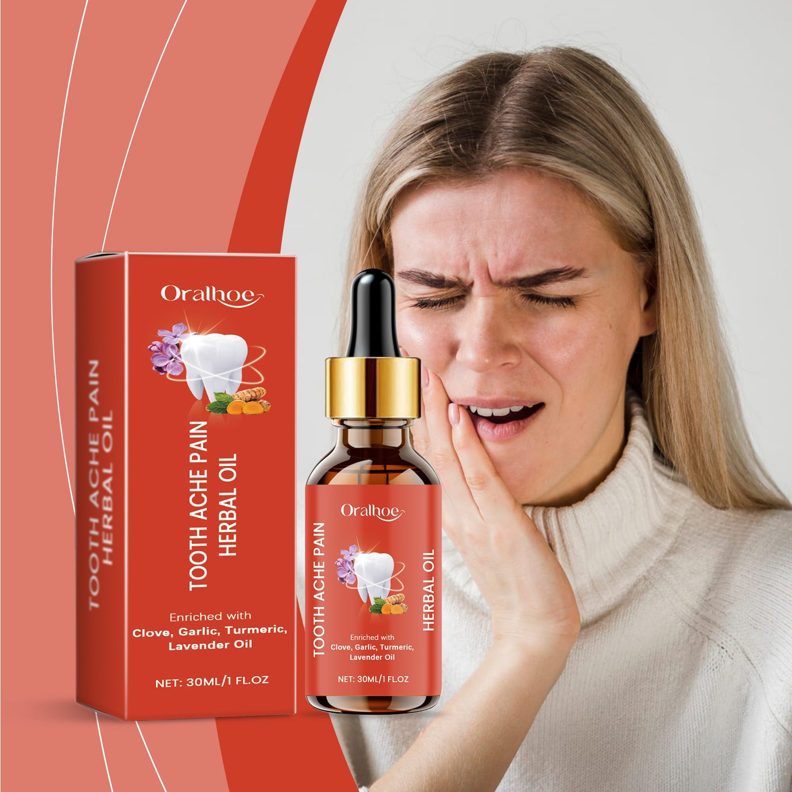 Duplicate angle of product packaging and bottle against white background