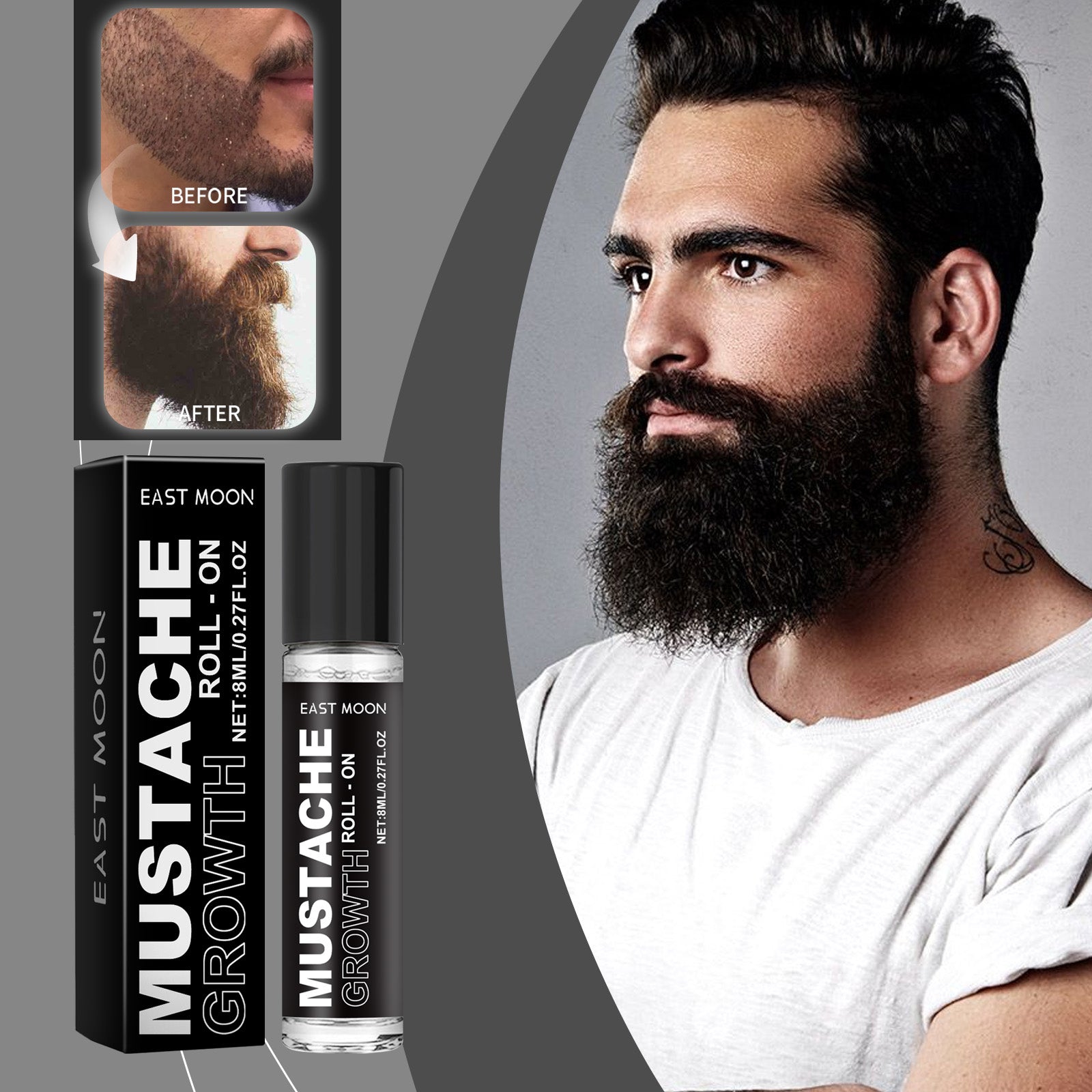 Product benefits listed with ginger root imagery and male model demonstrating application