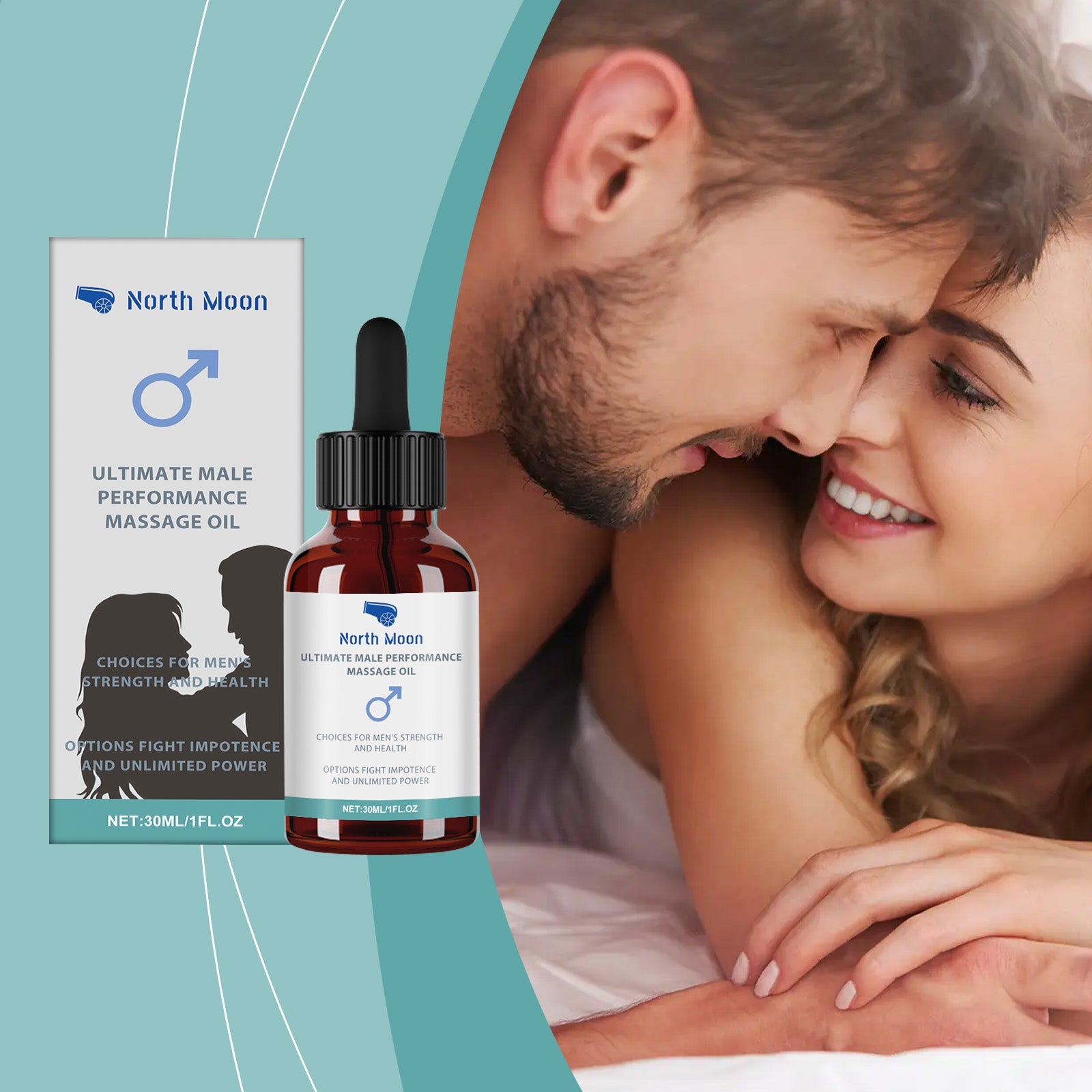 Happy couple in intimate moment with product packaging displayed against teal background