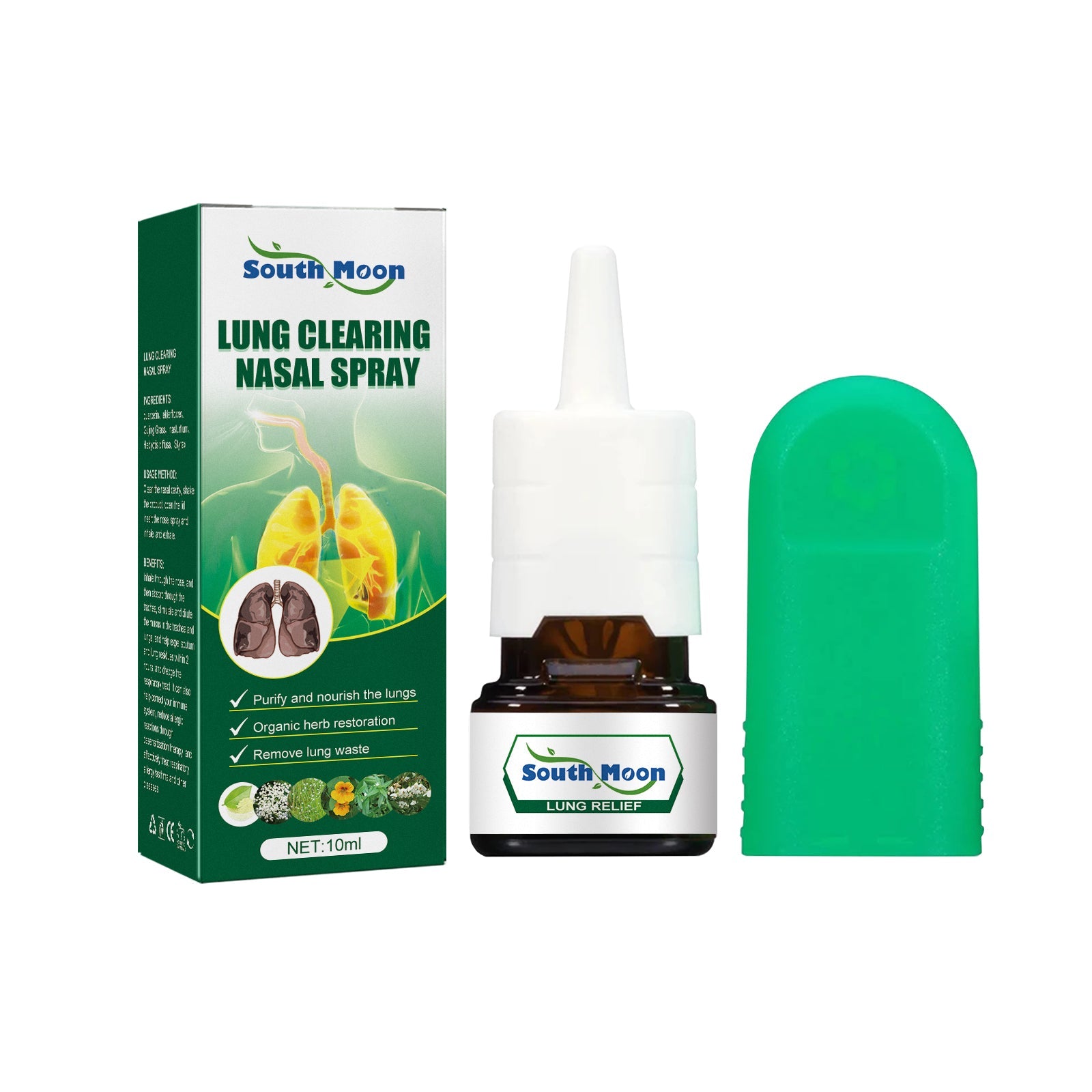 Detailed view of product box showing South Moon branding, lung imagery, ingredient circles, and 10ml net weight