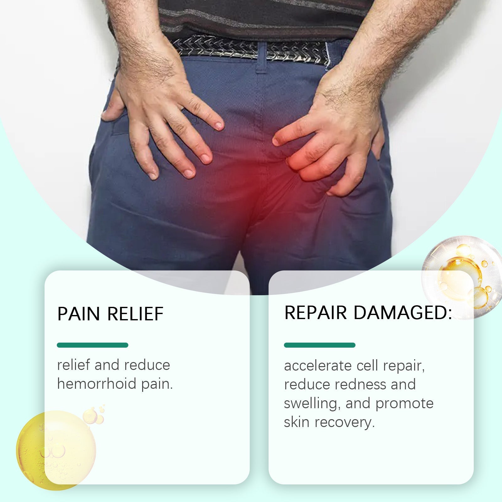 Product bottle and box on left with four key benefit bullets on teal background: Pain relief, Repair damaged, Fresh and comfortable, Safe and efficient; man touching lower back on right