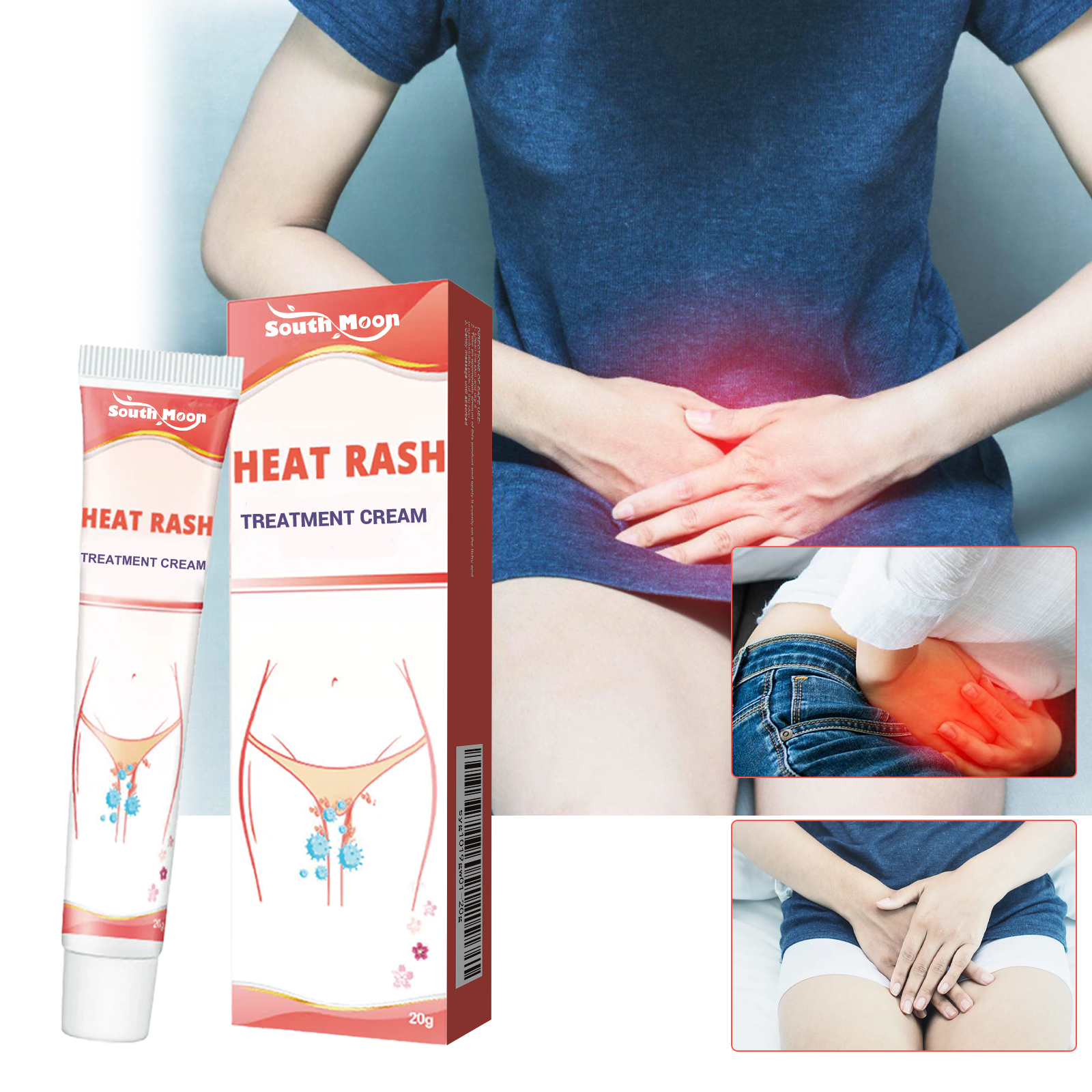 Woman in blue shirt holding lower abdomen with visible discomfort, inset close-ups showing cream application to affected intimate areas