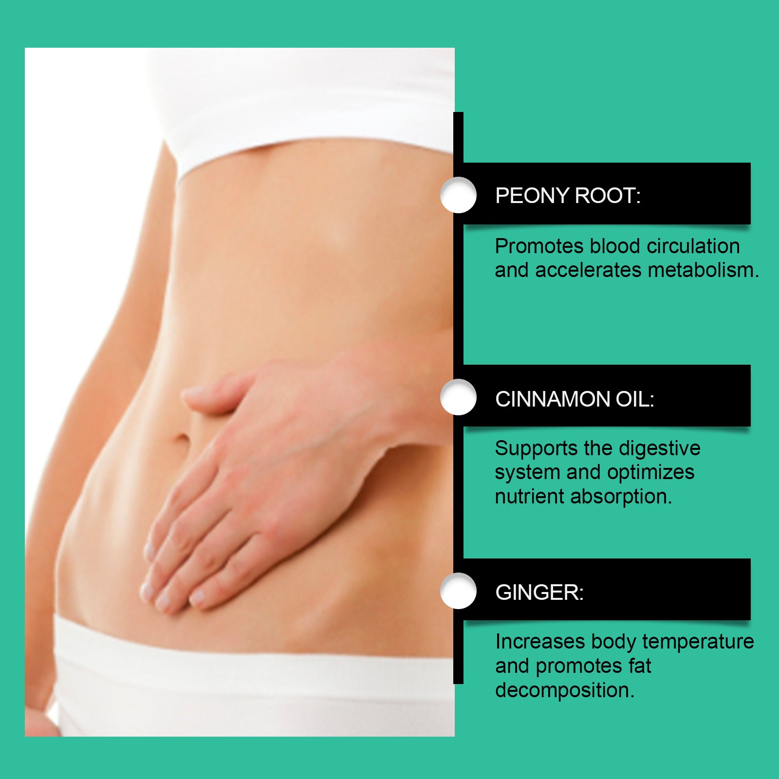 Four numbered benefit claims with measurement tape demonstrating waist reduction results