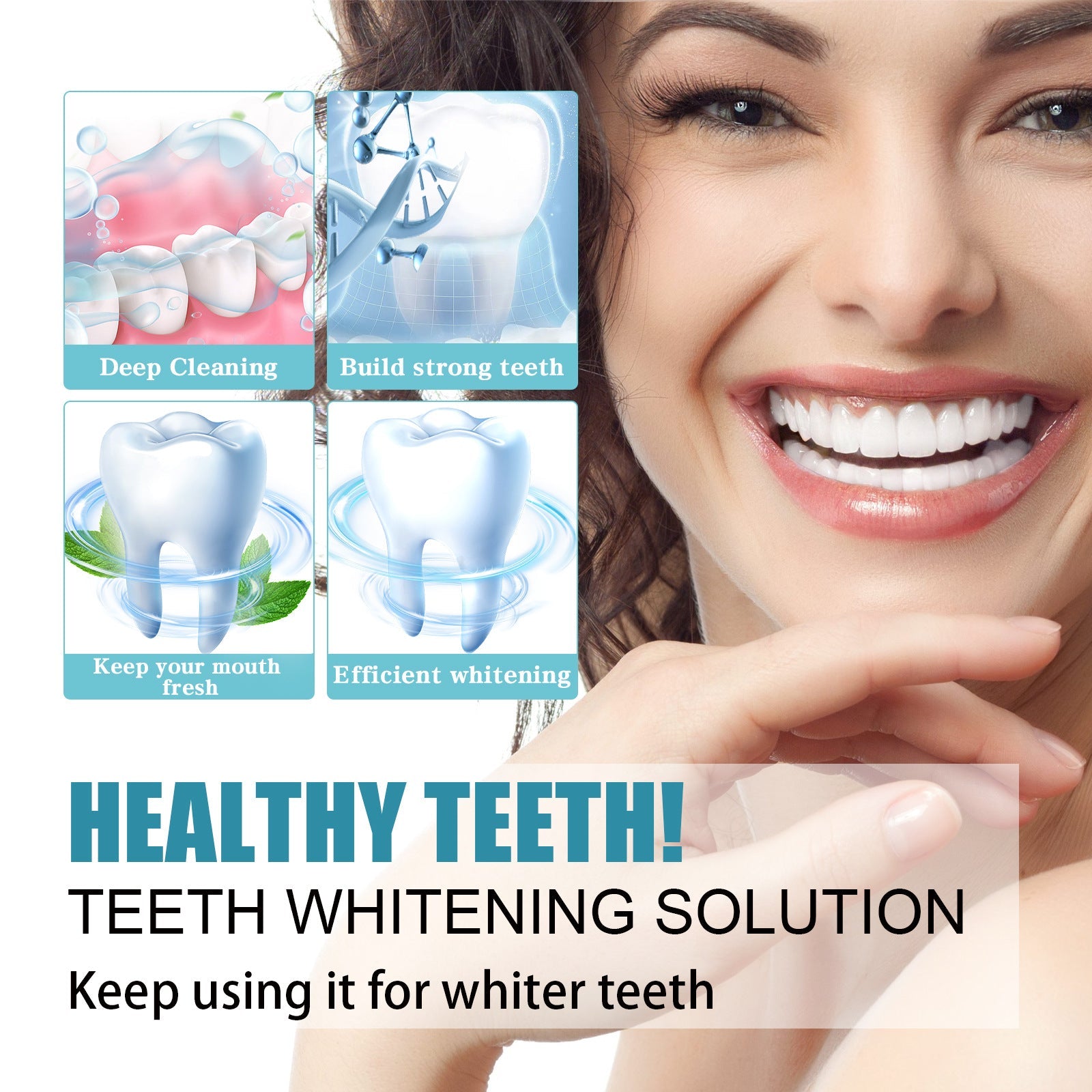 Infographic showing four benefits: Deep Cleaning, Build strong teeth, Keep your mouth fresh, Efficient whitening with dental imagery
