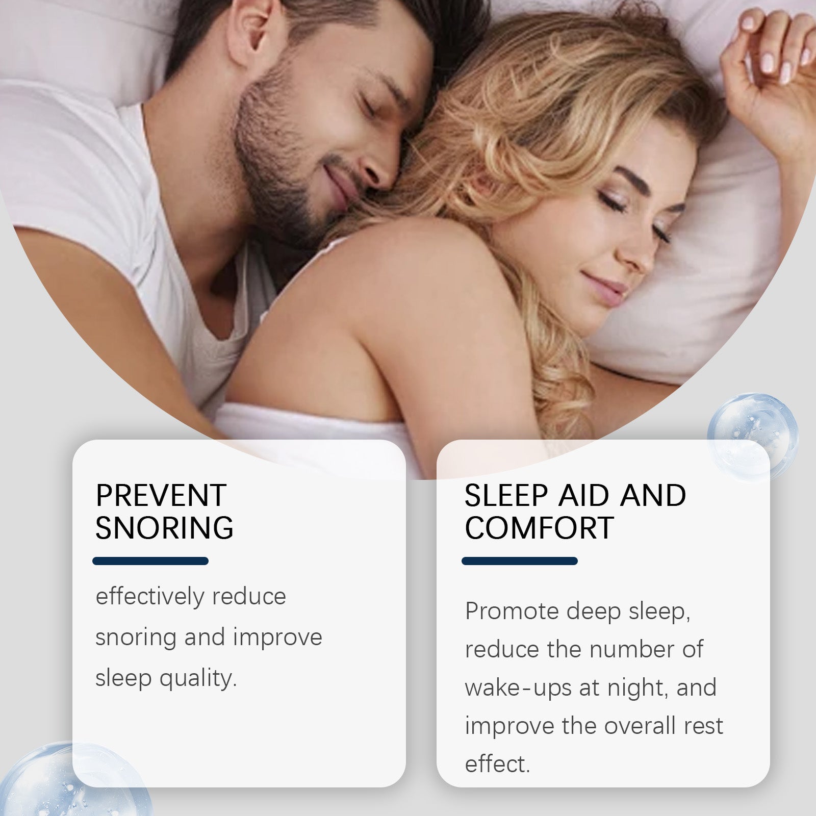 Couple sleeping peacefully in bed with text cards highlighting snoring prevention and sleep comfort benefits