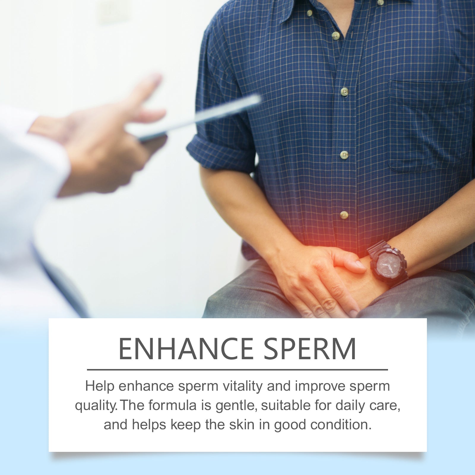 Man in dark blue shirt consulting with healthcare professional (blurred); red heat visualization on lower abdomen area; 'ENHANCE SPERM' headline with benefit text
