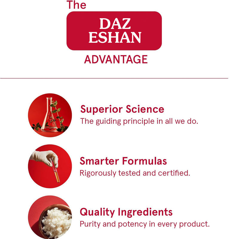 DAZ ESHAN brand advantage section with three circular icons: Superior Science, Smarter Formulas, Quality Ingredients