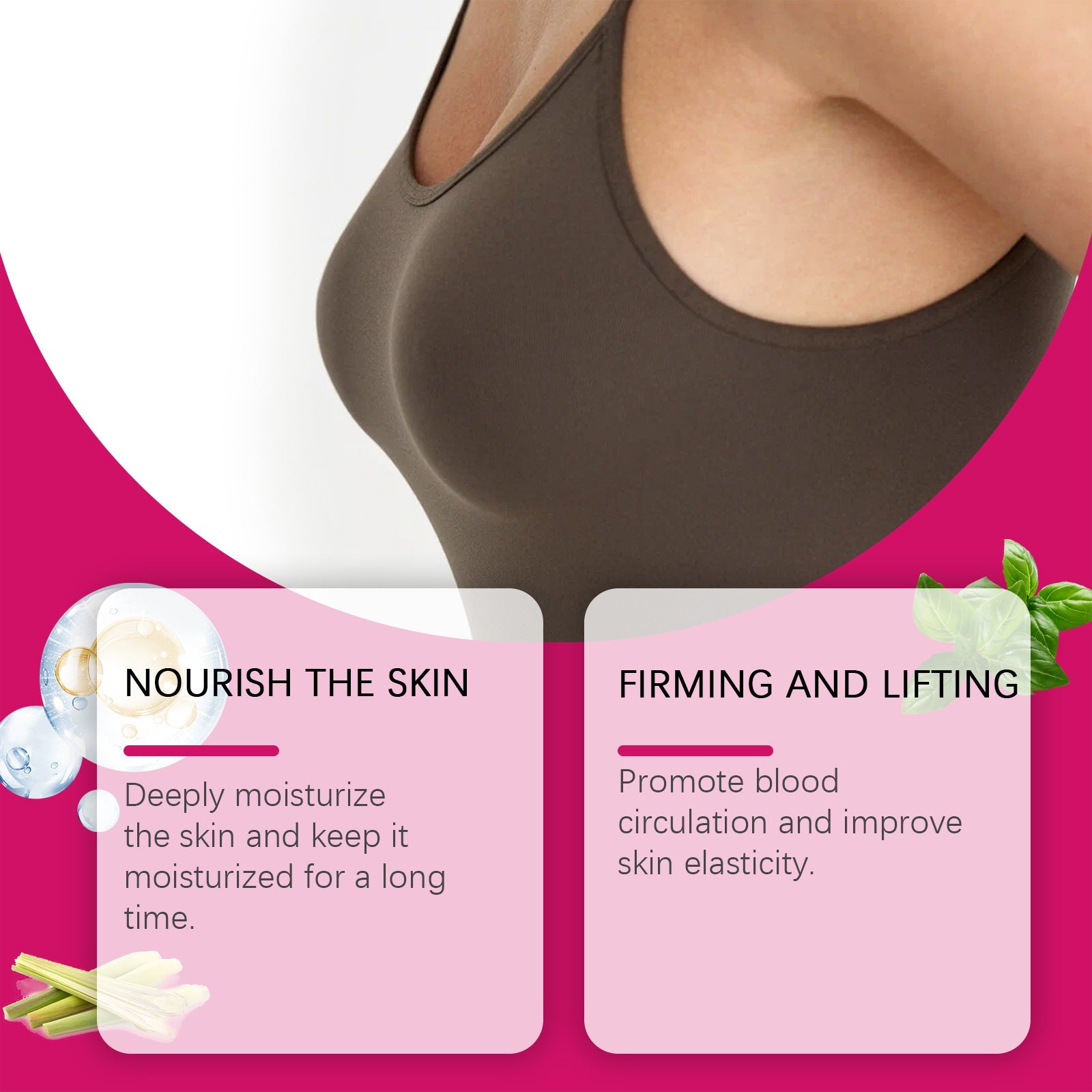 Woman in white bra top holding the oil bottle against pink gradient background, product visible at body level