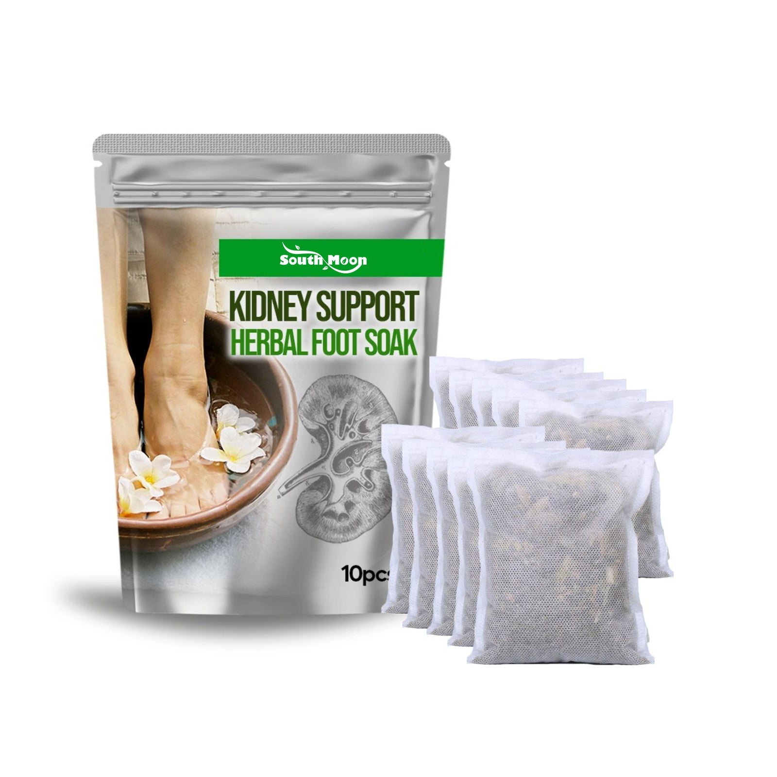 South Moon Kidney Support Herbal Foot Soak pouch with kidney diagram, floral imagery of feet in water, and 10pc quantity label
