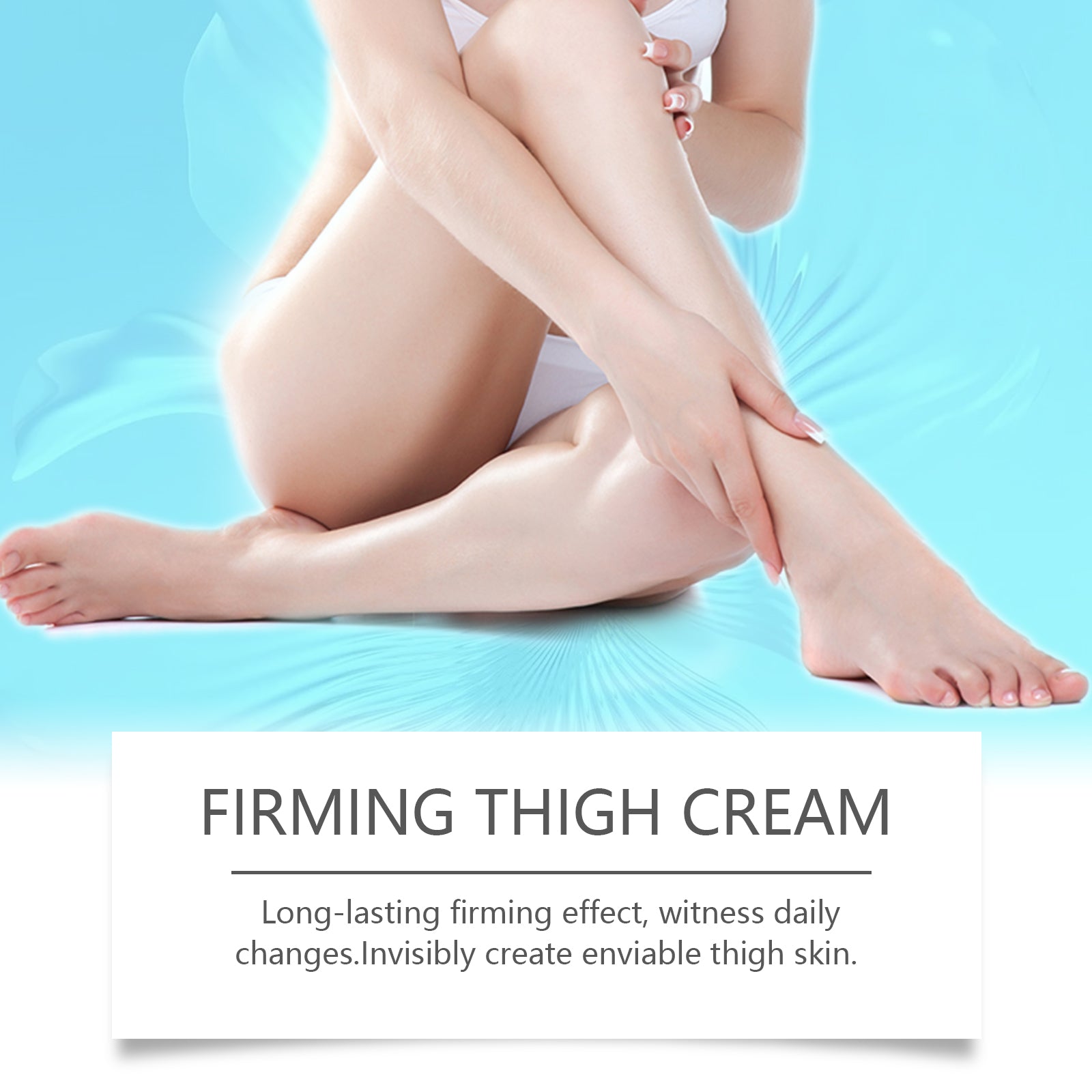 Split-screen before/after comparison showing thigh and leg texture; left side displays creepy, uneven skin; right side shows smooth, firmed appearance