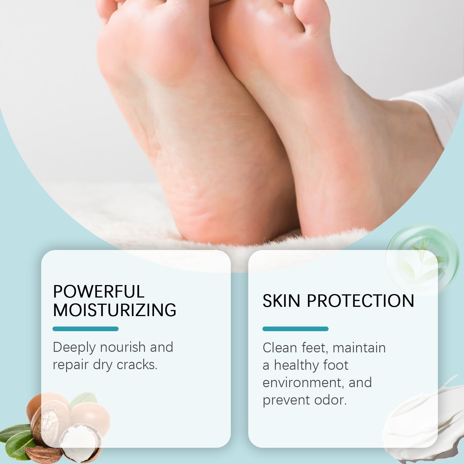 Healthy, smooth feet with ingredient cards highlighting powerful moisturizing and skin protection benefits