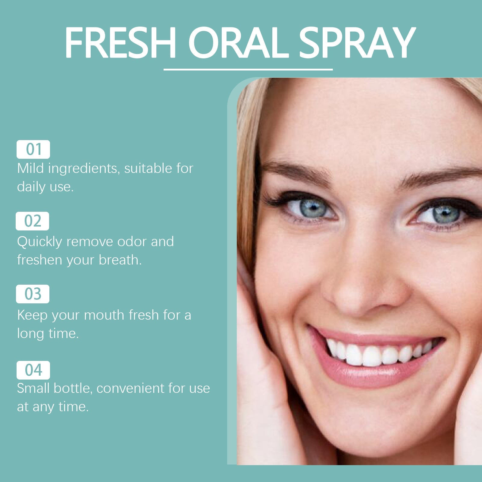 Woman with bright smile and mint leaves illustrating fresh breath effect