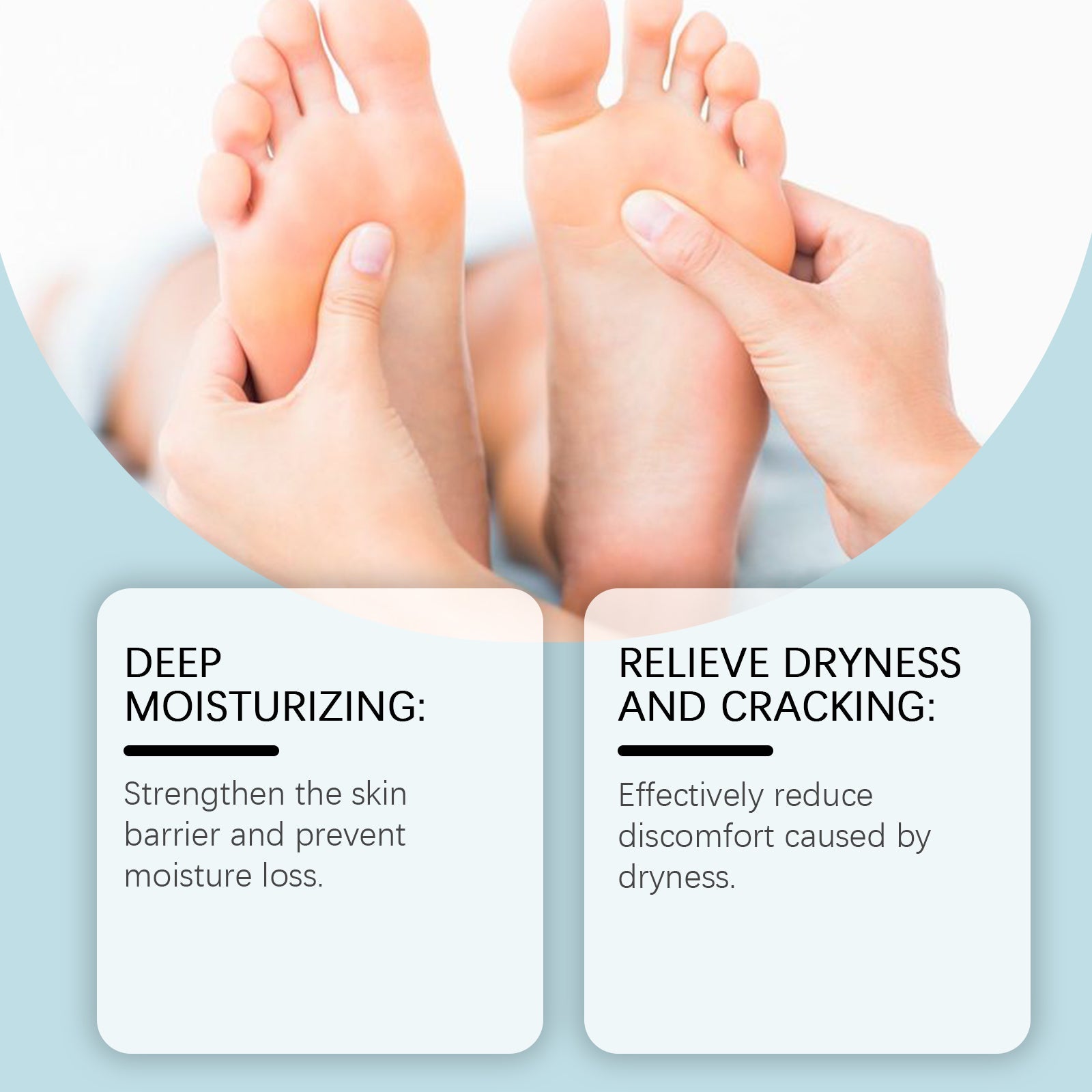 Close-up of hands treating feet with benefit callouts for deep moisturizing and dryness relief