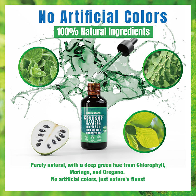Product bottle centered with four circular close-ups of key ingredients (moringa leaves, oregano, soursop cross-section) and chlorophyll splash