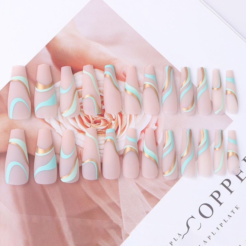 Long Ballet False Nails with Matte Gold Wave Design