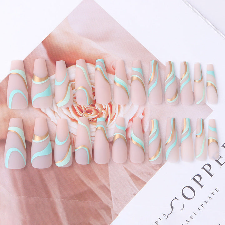 Long Ballet False Nails with Matte Gold Wave Design