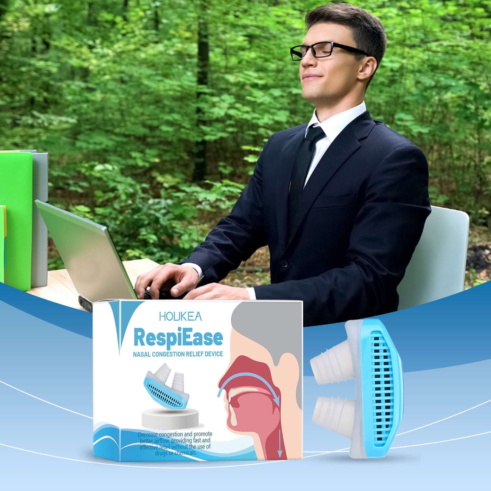 Professional business lifestyle image of confident man at laptop with nature background