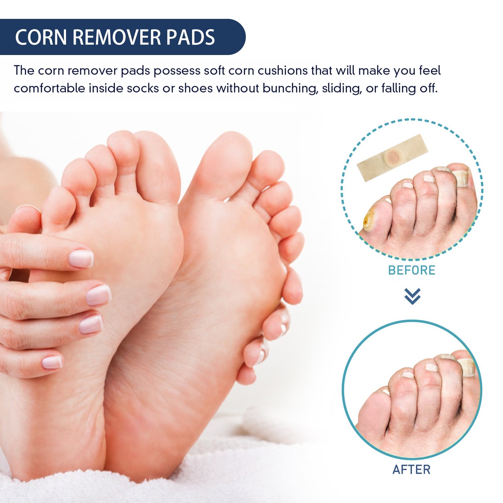 Detailed product description with feet imagery showing application and pad adhesion, before/after foot close-ups