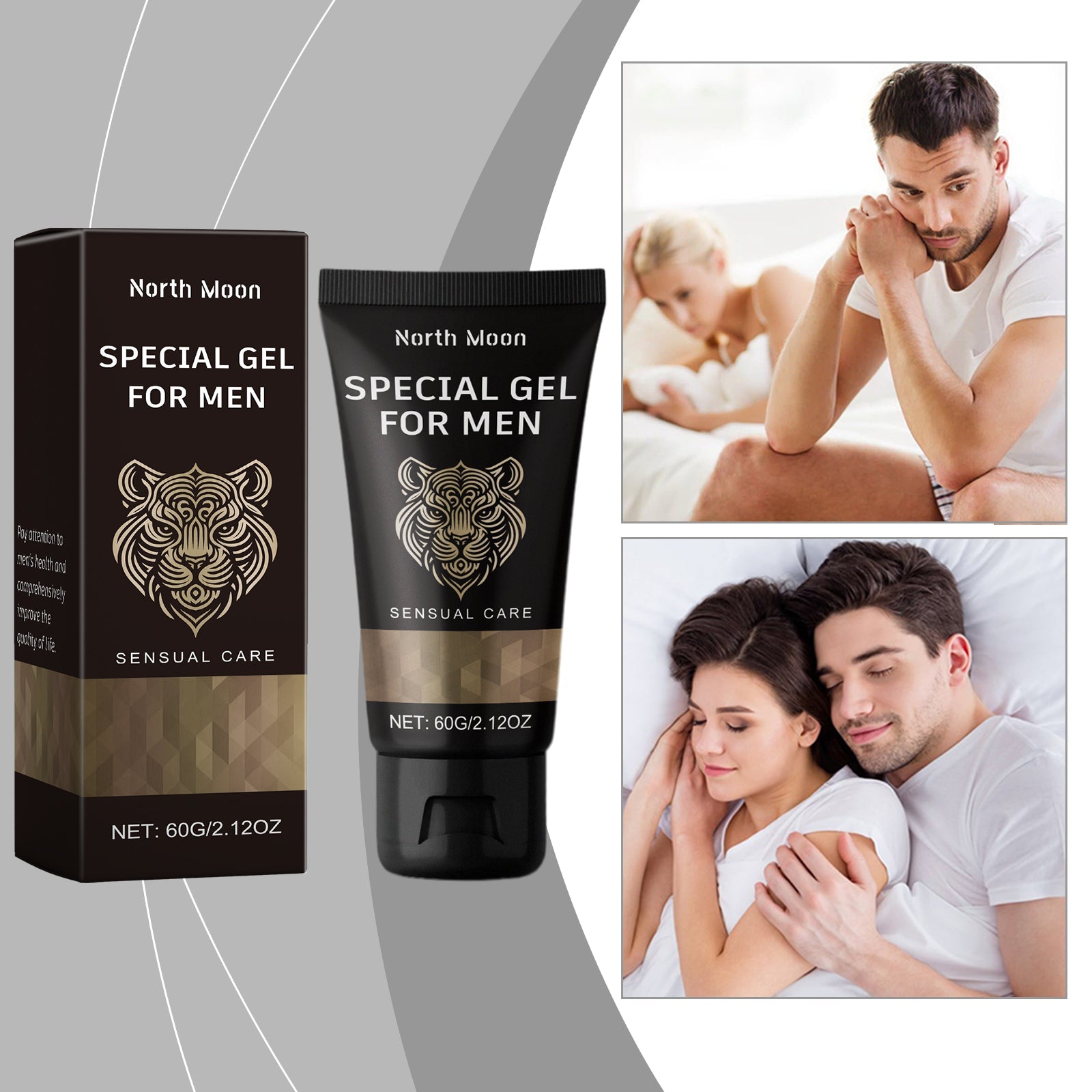 Front view of product box and tube showing North Moon branding, tiger logo, and sensual care labeling