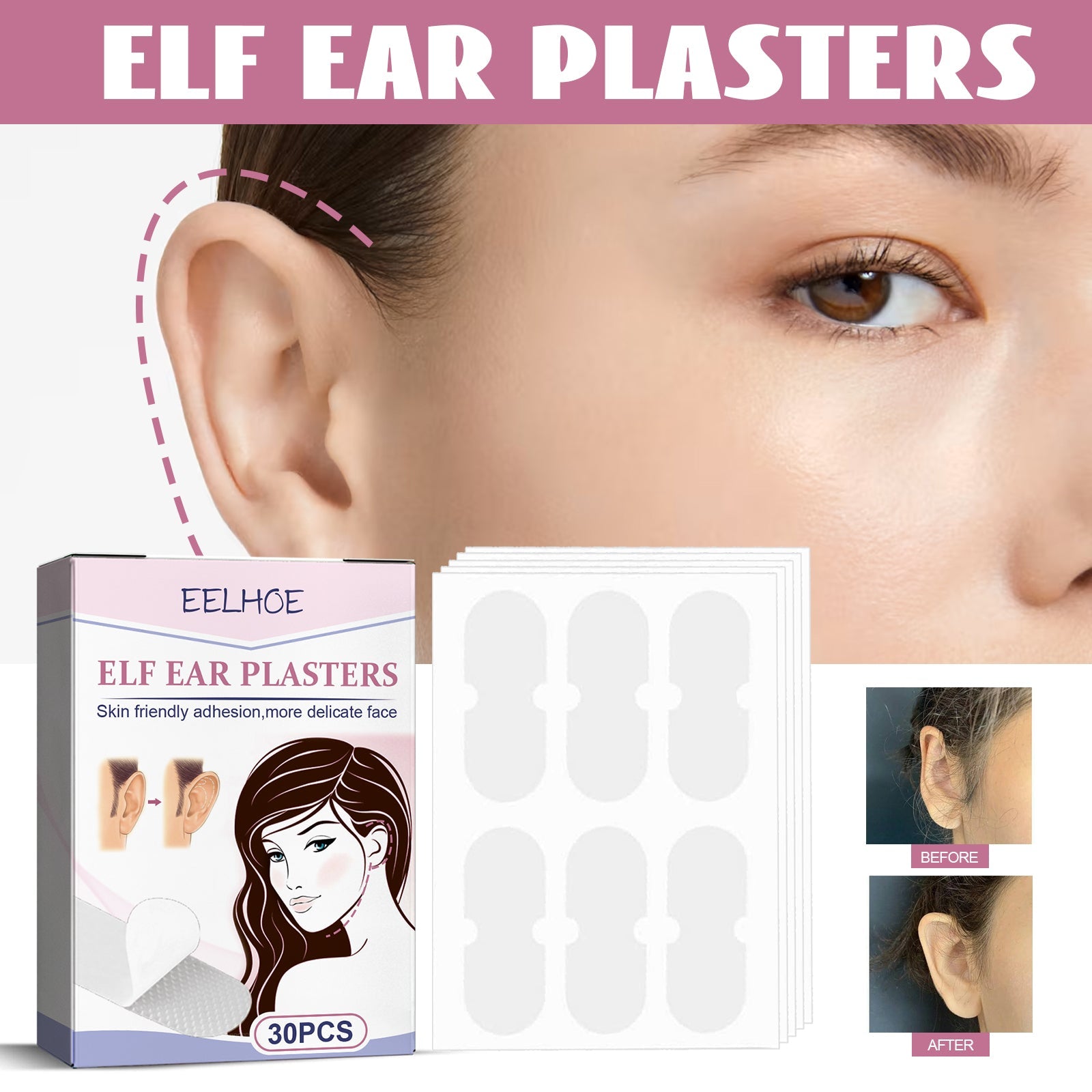 Lifestyle demonstration with close-up of woman's ear with dashed line marking correction area, before/after ear comparison shots, and application photo showing patch placement with color-coded visual guide