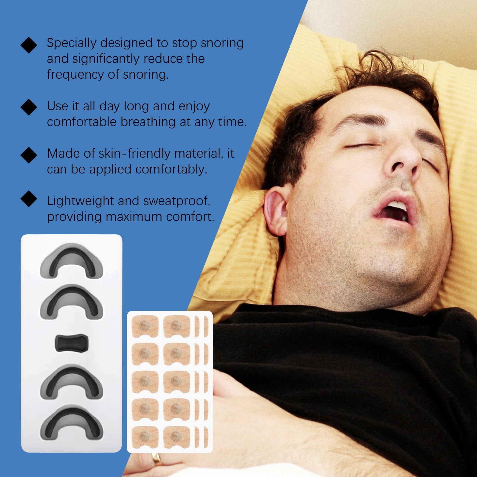 Couple in bed with man snoring and woman disturbed, product overlay showing nasal clips and patches