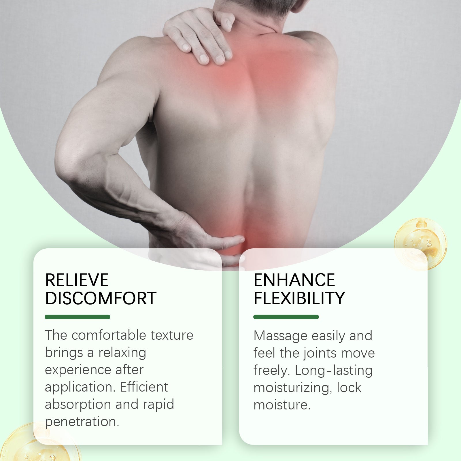 Shirtless man from behind showing inflamed red shoulders and neck with hand reaching toward pain area, with benefit claims 'Relieve Discomfort' and 'Enhance Flexibility'