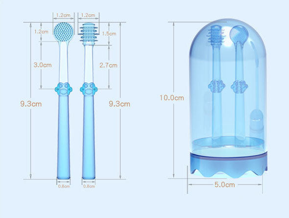 Technical dimension diagram of two toothbrushes (9.3cm long, 1.2cm wide heads) and the storage case (10.0cm tall, 5.0cm wide) with measurement callouts