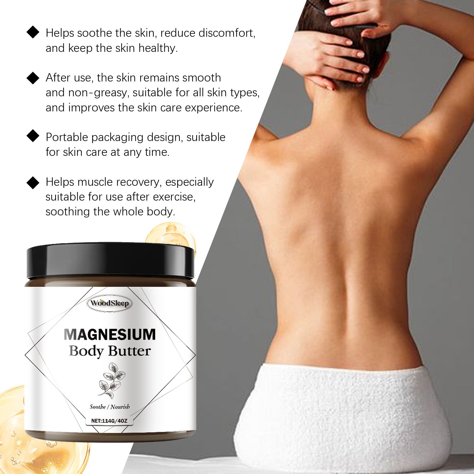 Claims and benefits text with product jar close-up and golden oil droplet, plus woman applying to back