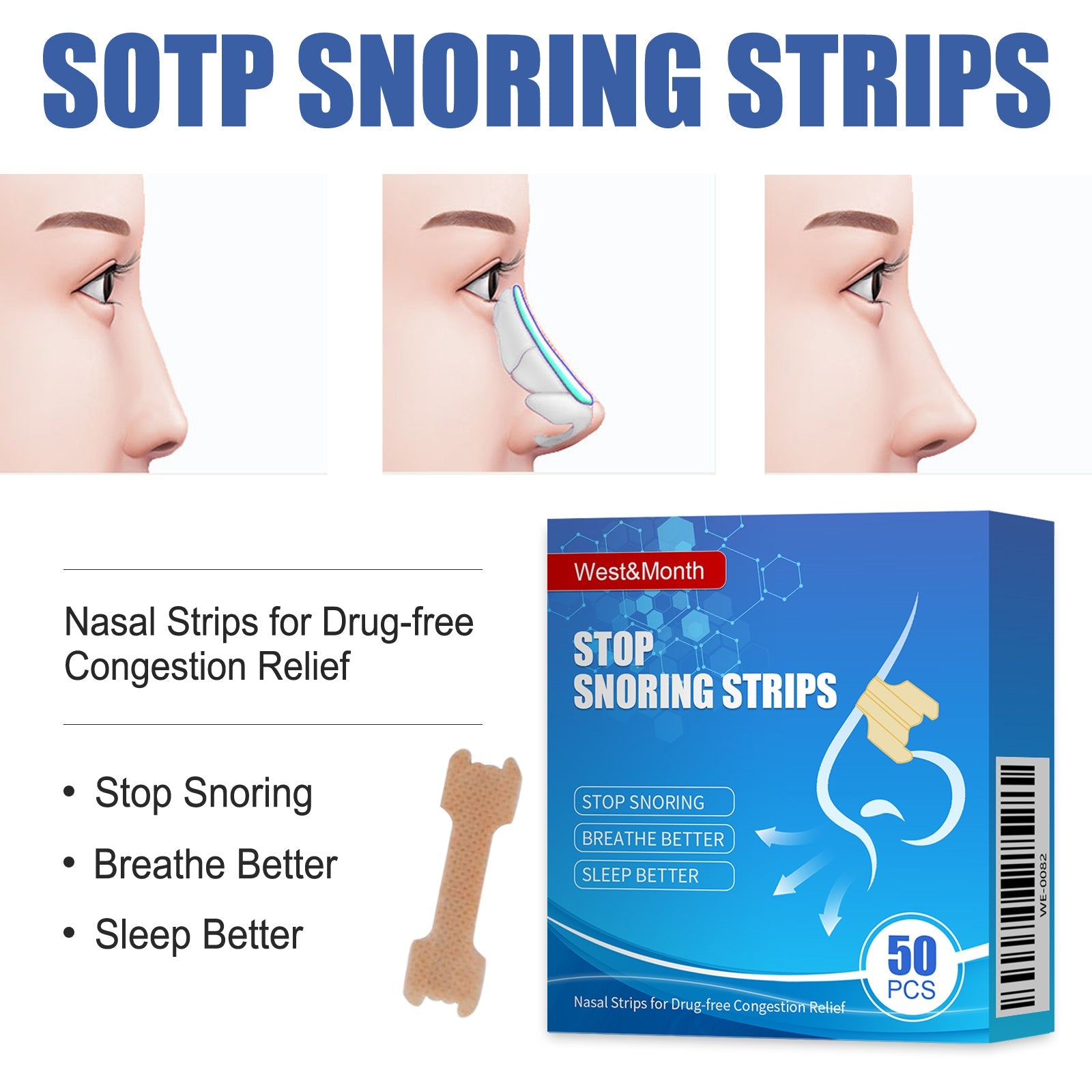 Step-by-step application guide showing three profile views of nose with strip placement and positioning illustration