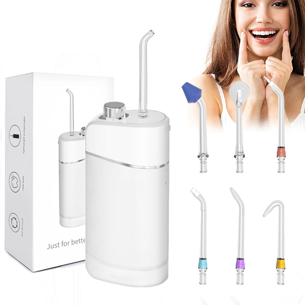 Full product ecosystem showing main unit, portable travel model, 7 interchangeable color-coded nozzle tips, and smiling woman using device on teeth
