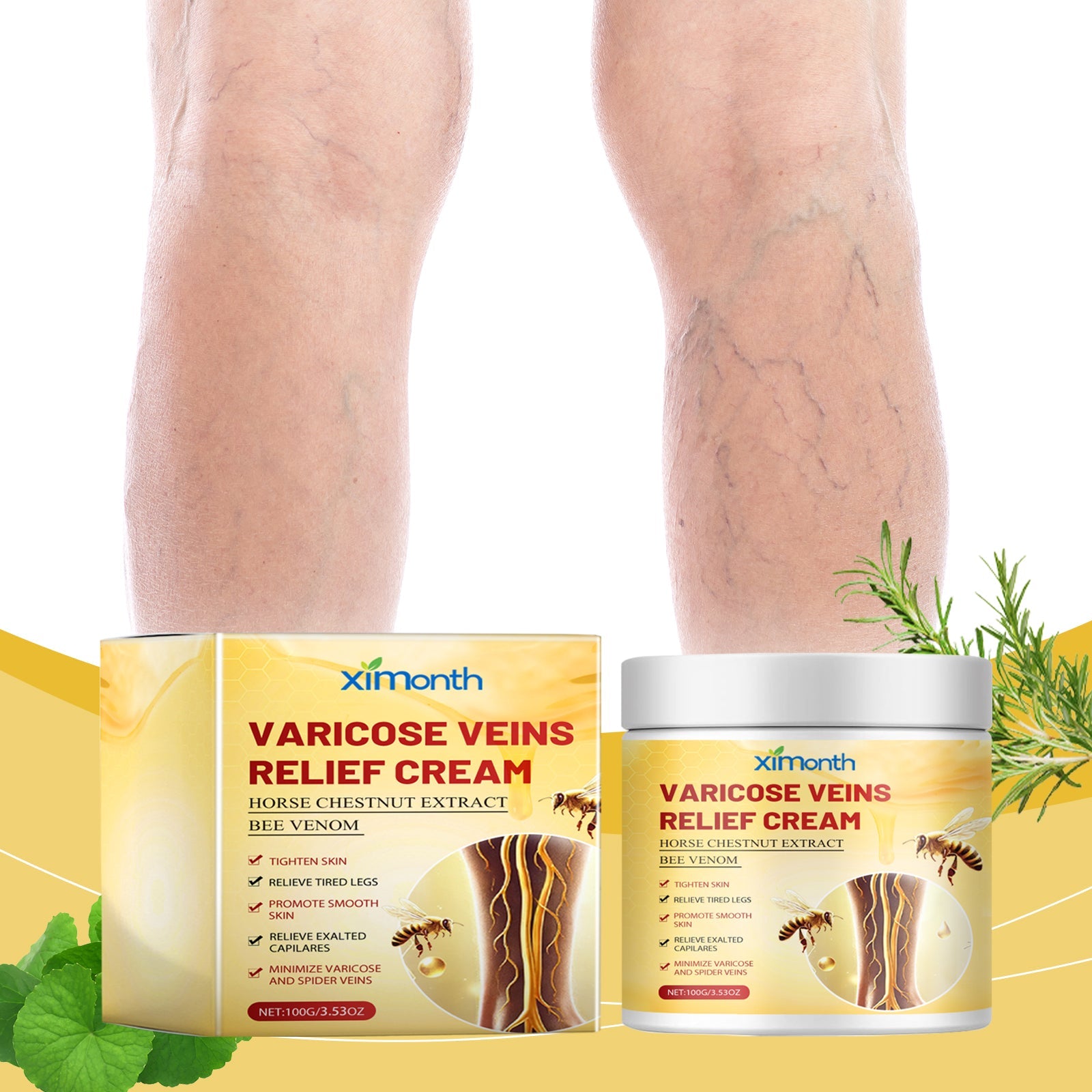Educational infographic displaying four key product benefits with corresponding lifestyle imagery of healthy legs