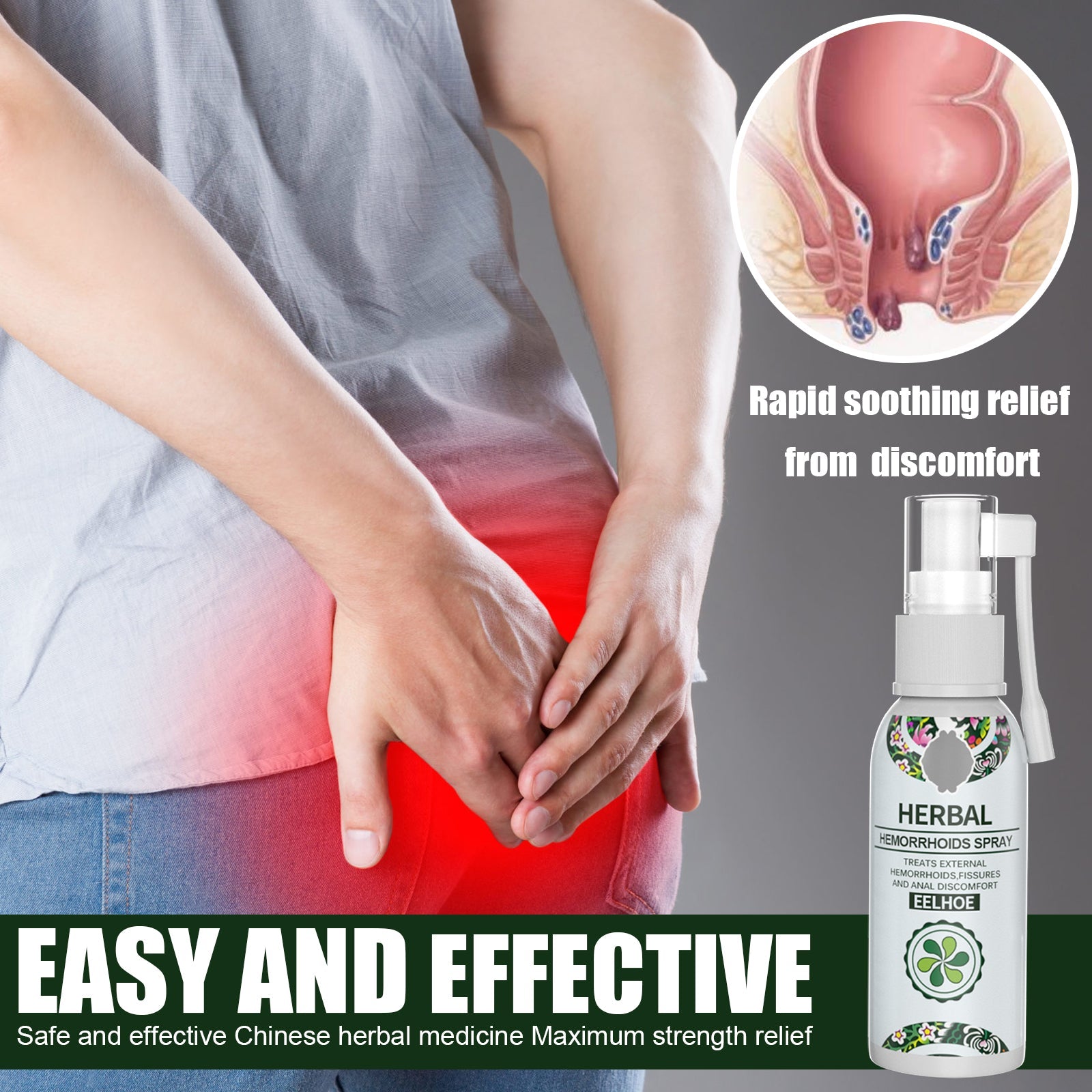 Educational infographic showing causes of hemorrhoids including long station, constipation, and sedentary lifestyle with affected individuals