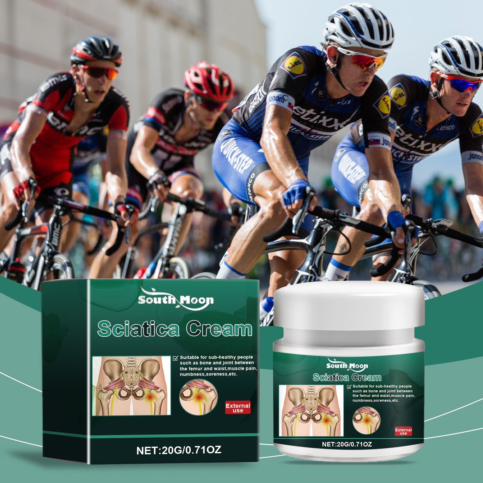 Professional cyclists in blue and red team kits racing at speed with product and box integrated into scene