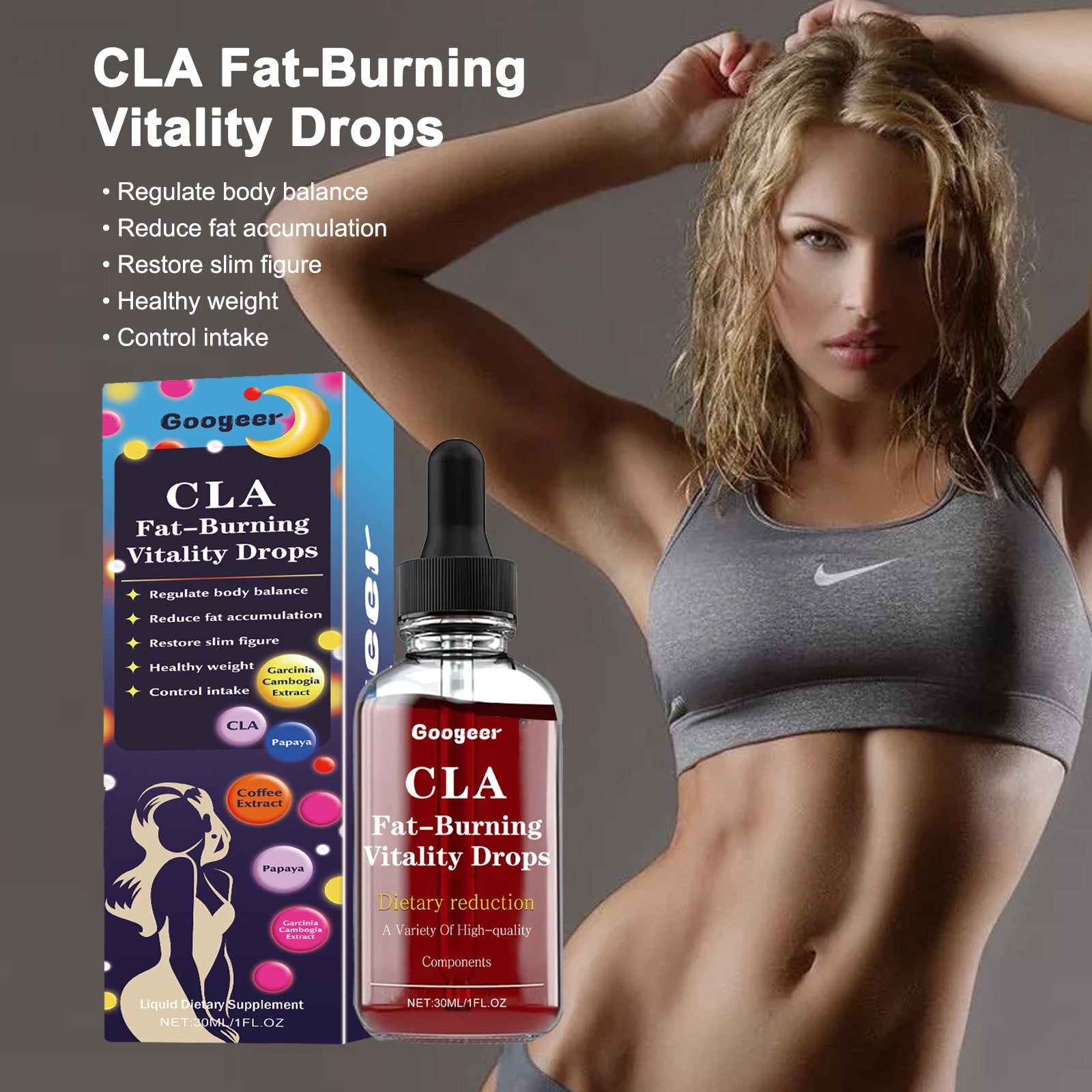 Athletic woman in sports bra showing toned abdominal muscles with product and key benefit claims overlaid