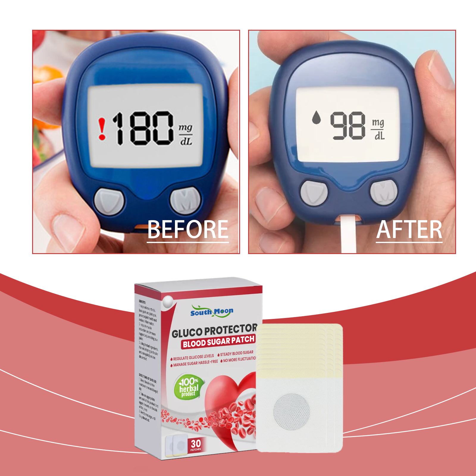 Healthcare professional in white coat presenting patch to patient with glucose meter, surrounded by wellness imagery including flowers and herbs