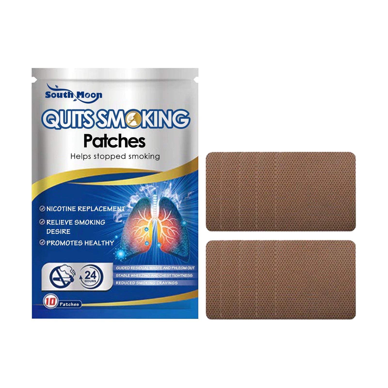 Close-up of South Moon Quits Smoking Patches box with silver metallic finish, blue lower panel showing lung imagery, benefits checklist, and 10-patch count