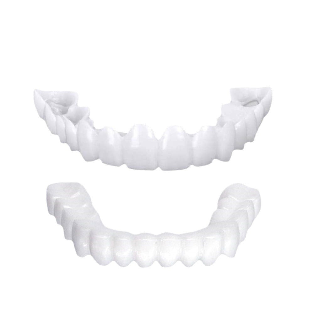 Smiling woman with bright white teeth alongside open case containing upper and lower dental arches and side pieces