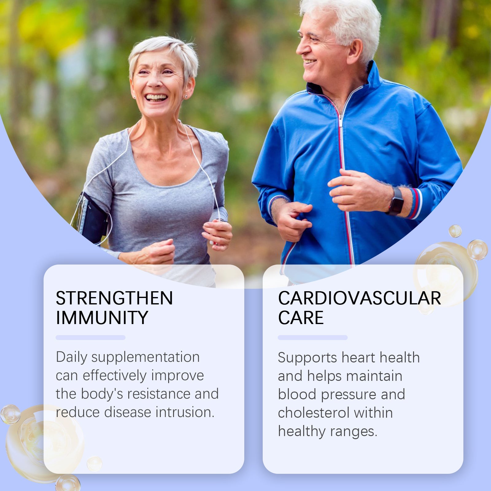 Active senior couple jogging outdoors with text overlays for 'Strengthen Immunity' and 'Cardiovascular Care'